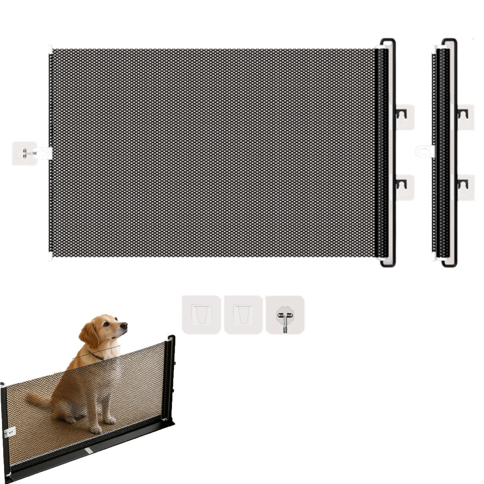 Retractable Dog Gate for Doorways and Stairs, No Drilling Mesh Pet Safety Barrier, Space Saving Roll Up Gate for Hallways Kitchen, Indoor Use for Cats and Small Dogs, Black (45×125cm)