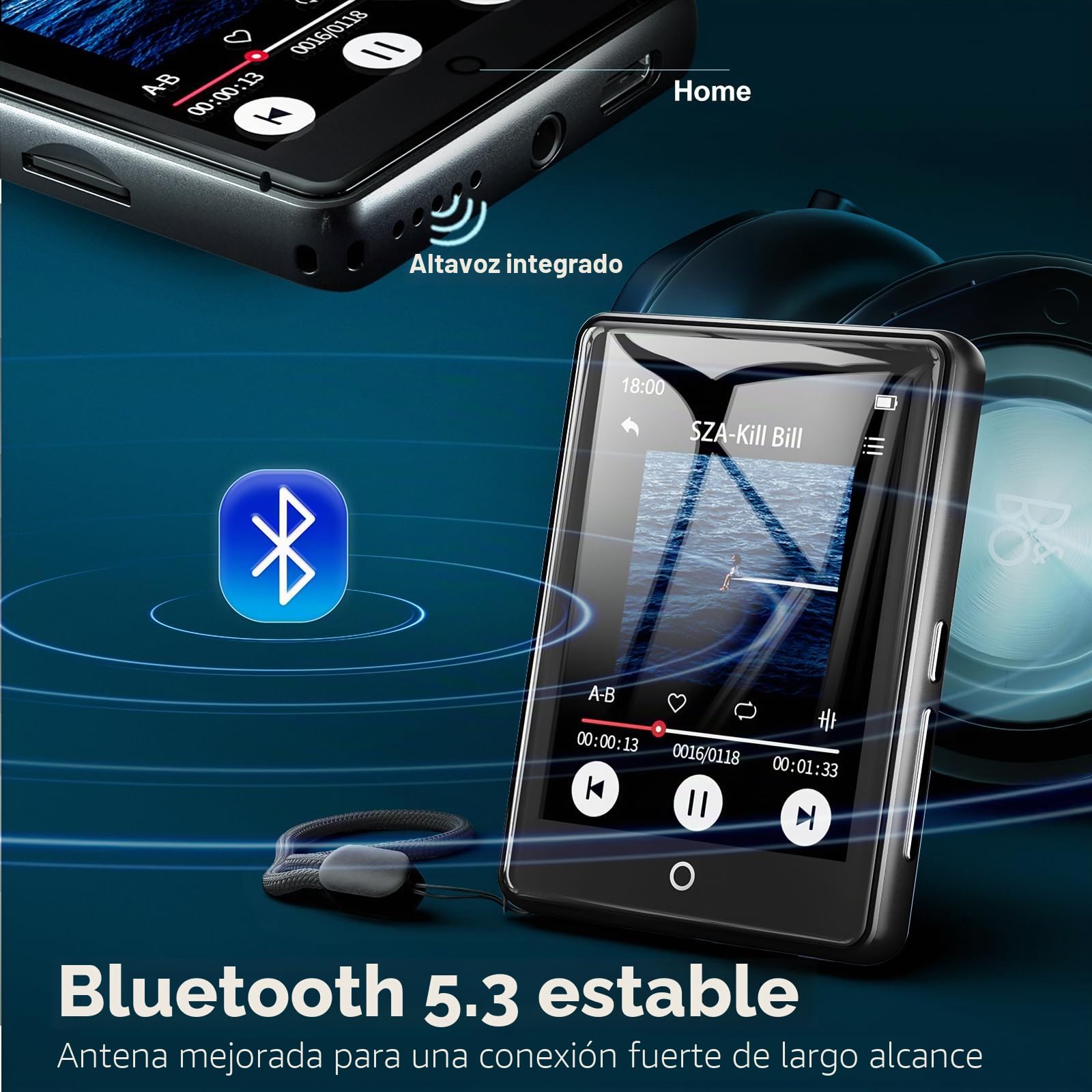 Reproductor de MP3 de 64 GB Bluetooth 5.3, pantalla táctil de 2,8 pulgadas, carcasa de zinc, sonido Hi-Fi y altavoz, 48 horas de duración de la batería, ruido blanco (18 sonidos), incluye auriculares