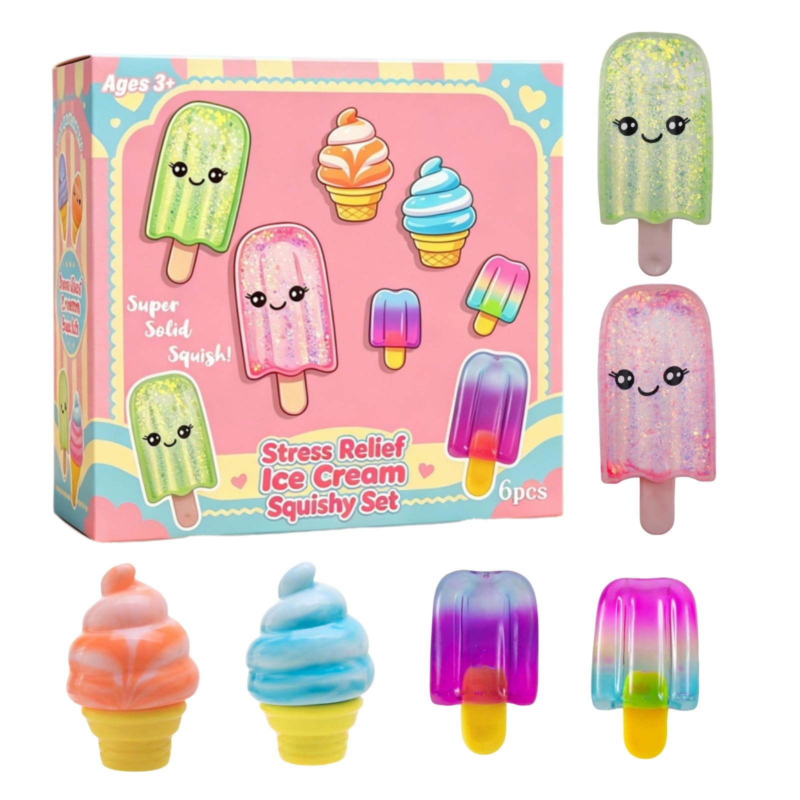 6 Pack Ice Cream Squishy Toys, Popsicle Sensory Fidget Squeeze Toys for Stress Relief, Cute Summer Squishies for Kids Adults, Party Bag Fillers Birthday Gifts