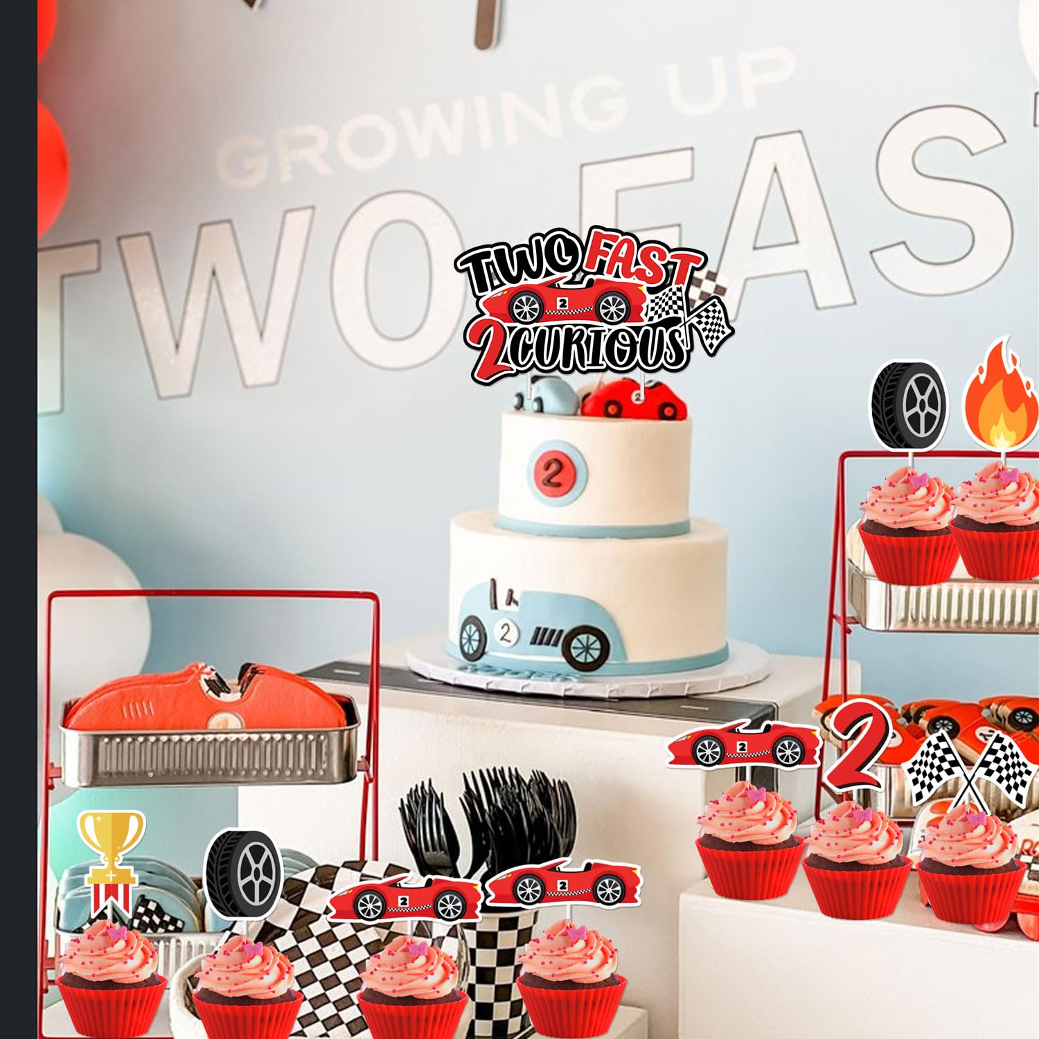 Two Fast Two Curious Geburtstagsdeko – 25-teilig, Kuchen-Topper Mit Vintage-Rennwagen Für 2. Geburtstag Jungen