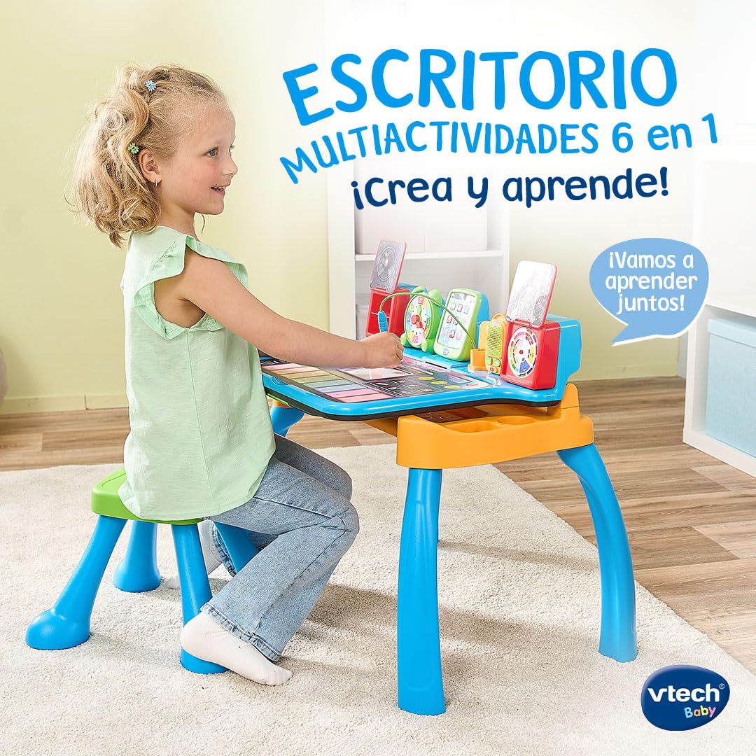 VTech - Escritorio Multiactividades 6 en 1 ¡CREA y Aprende! Centro Educativo Interactivo, Juguete Niños +3 Años, Pizarra, Música, Bloc de Notas, Tablet y Taburete, Letras, Números, Versión ESP