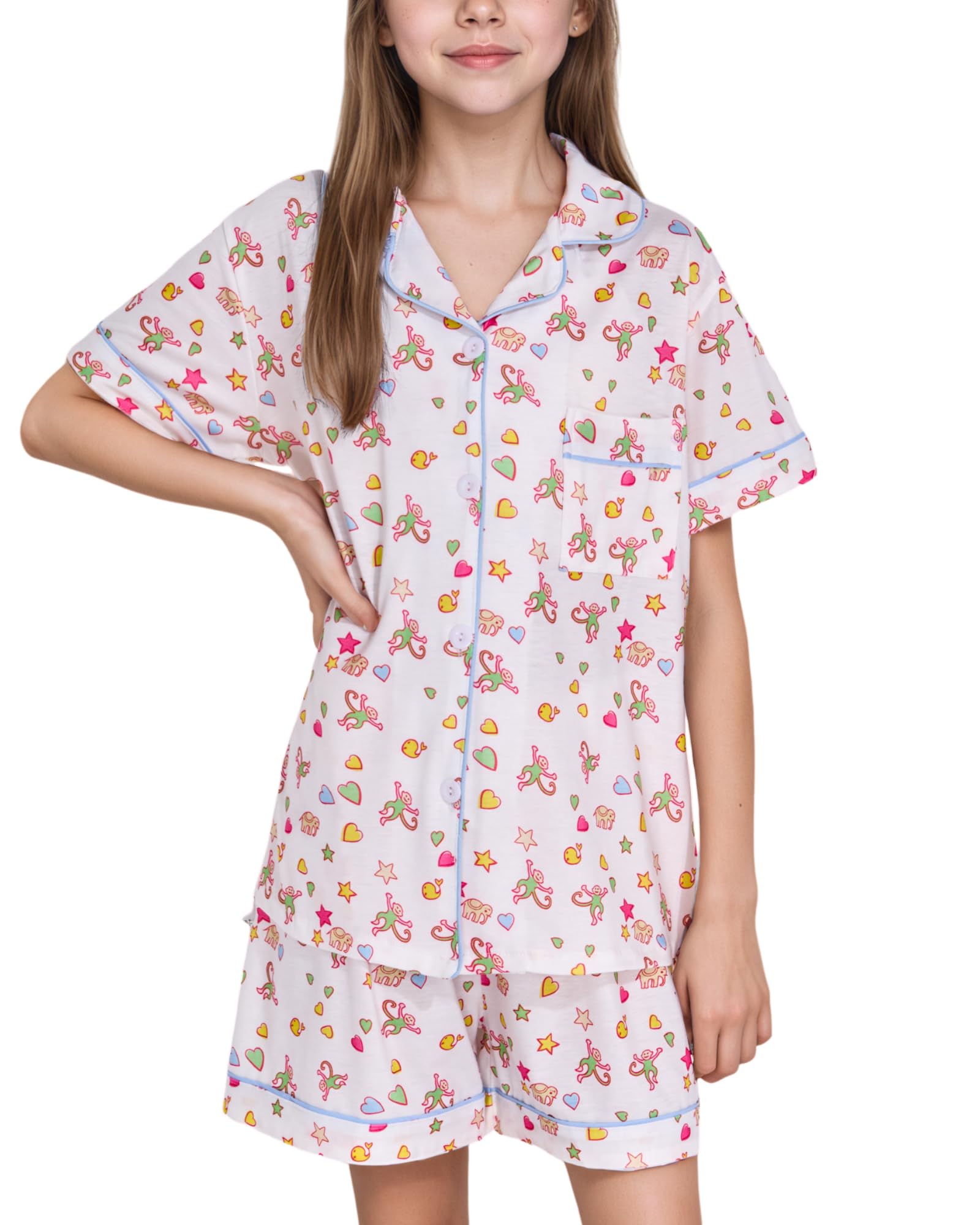 Zelbuck Girls Summer Outfit, Kids 2 Piece Button Down Monkey Beach Shorts Set Ugly Animal Y2k Preppy Loungewear Pjs