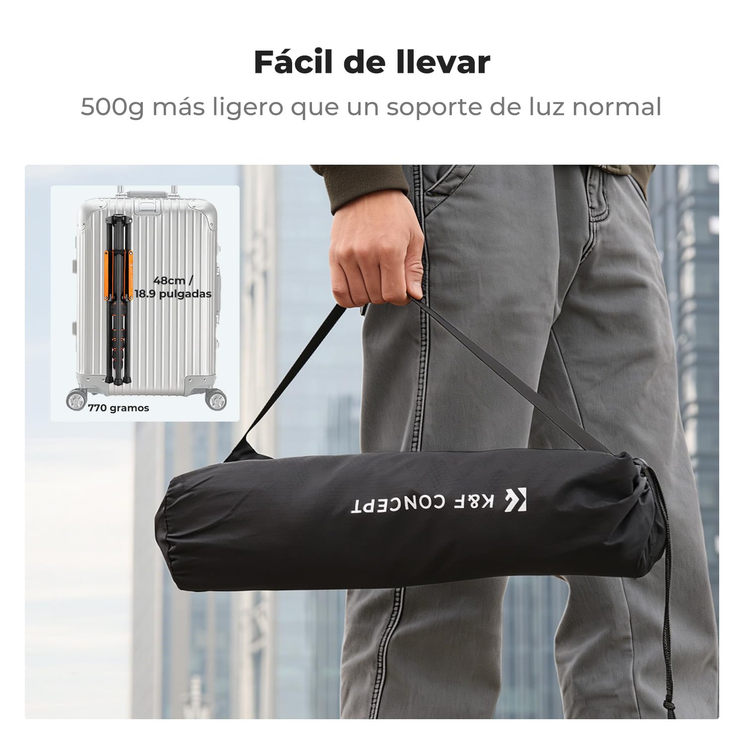 K&F CONCEPT Trípode de luz en Fibra de Carbono 200 cm, Plegable al revés, portátil, con Tornillo 1/4" - 3/8" y Bolsa de Transporte, para Flash, cámara, softbox