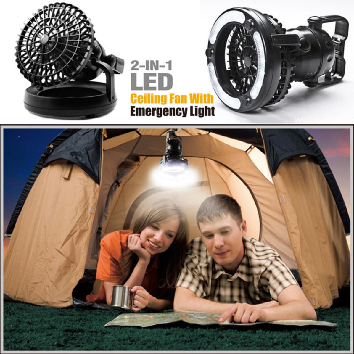 Lampada da Campeggio con Ventola a Soffitto Led, 2 Pezzi | Abs Nero, Gancio Integrato, 18 Led, Uso Separato per Tenda e Outdoor, Atmosfera Estiva