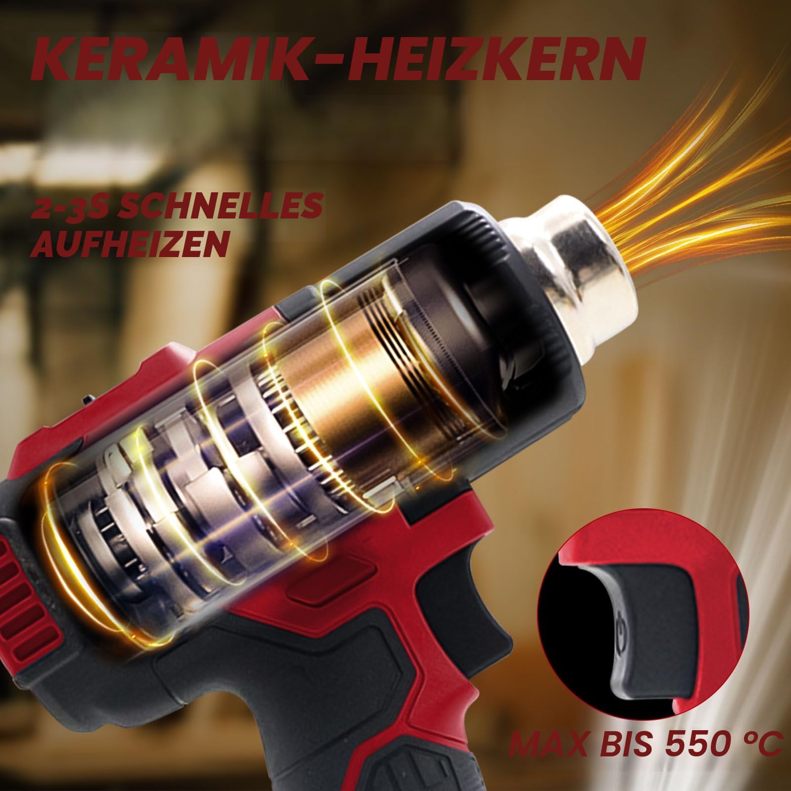 Akku-Heißluftpistole für Milwaukee 18 V Akku, schnurlose Heißluftpistole mit LCD-Display und 5 Düsen, 50 °C - 550 °C, variable Temperaturregelung zum Schrumpfen von PVC, Basteln (keine Batterie)
