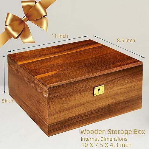 Miniatura 5 de Caja de madera decorativa grande de madera de acacia con tapa con bisagras y llave de bloqueo, caja de almacenamiento de recuerdos de primera
