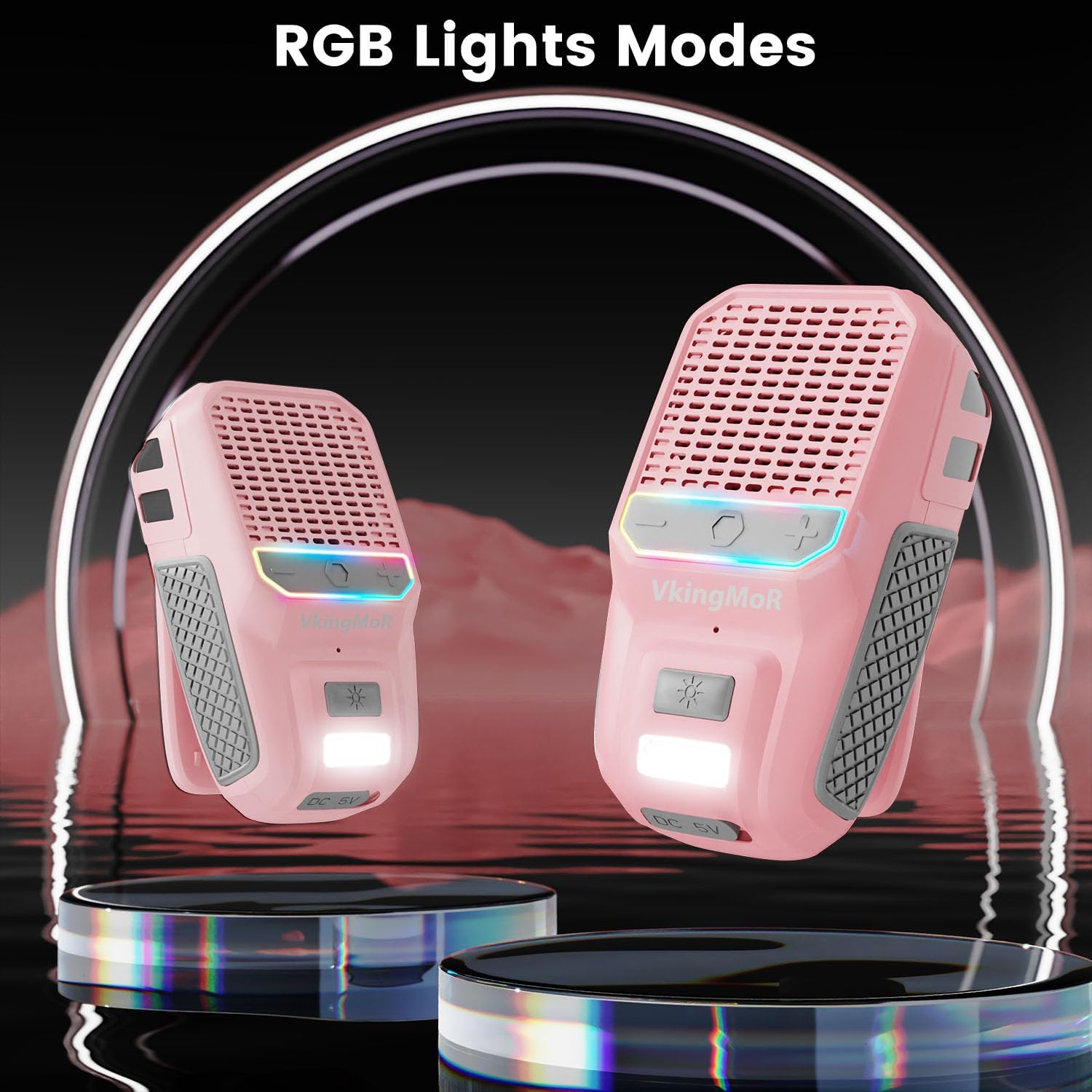 Two VkingMoR speakers displaying RGB light modes