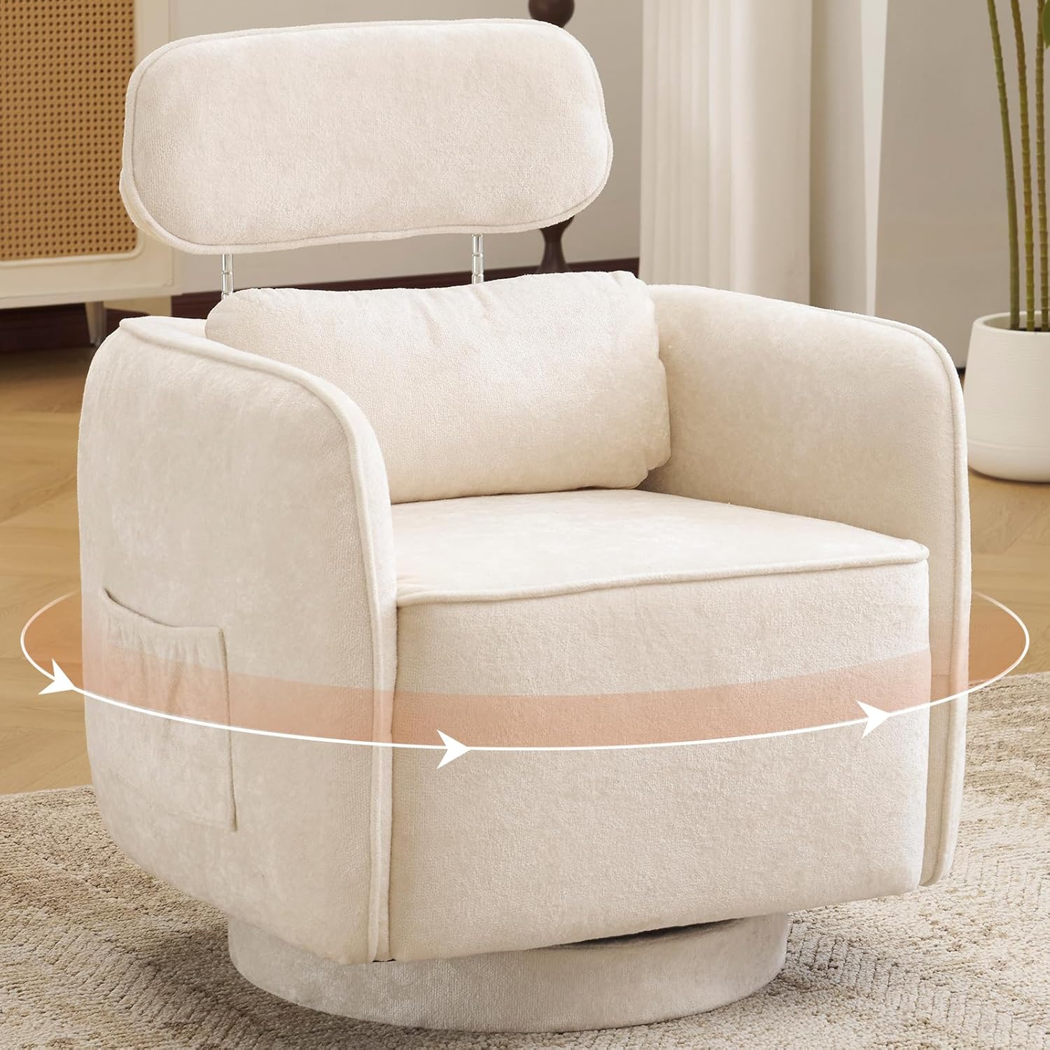 Large Swivel Accent Chair, Chenille Round Barrel Chair Upholstered Armchair for Living Room Bedroom, Modern Round Armchair Single Sofa with Adjustable Headrest, Beige