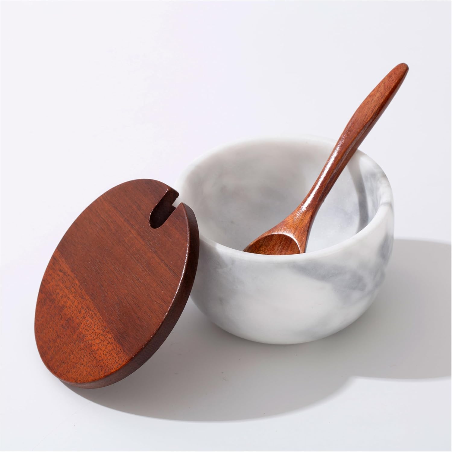 Marble Salt Cellar with Lid & Spoon, 11oz Salt and Pepper bowls, Handcrafted from Natural Marble, Smooth Inside ((white+black) bowl)
