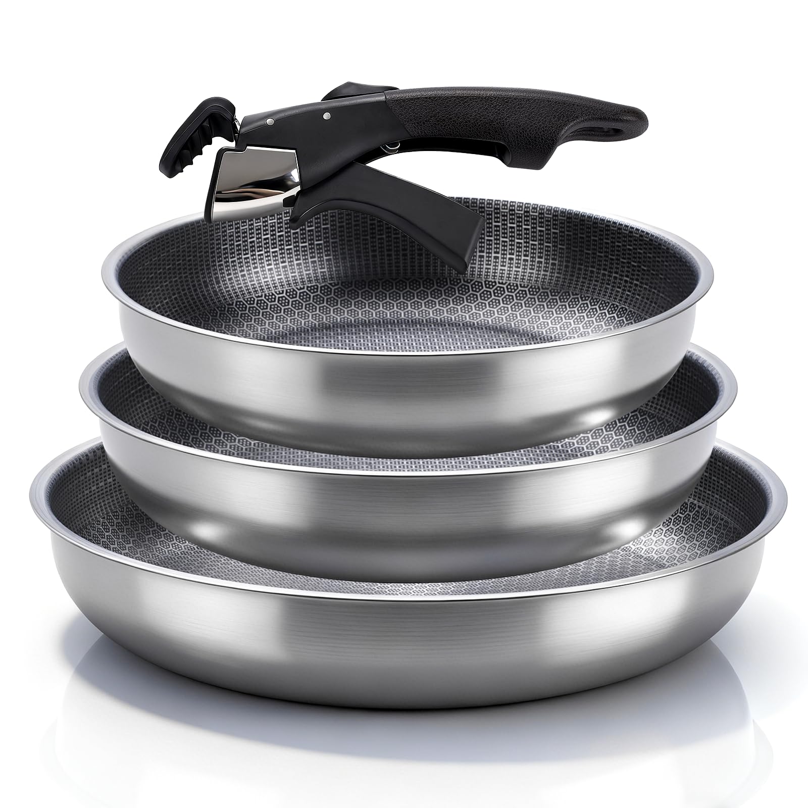 Photo 1 of ***USED-MISSING HANDLE*** YJSLICT 3-Piece Stainless Steel Frying Pan Set, 10”/11”/12.5”Stackable Kitchen Cookware Set with Detachable Handle, Oven Safe Cooking Pan, Suitable for All Stove