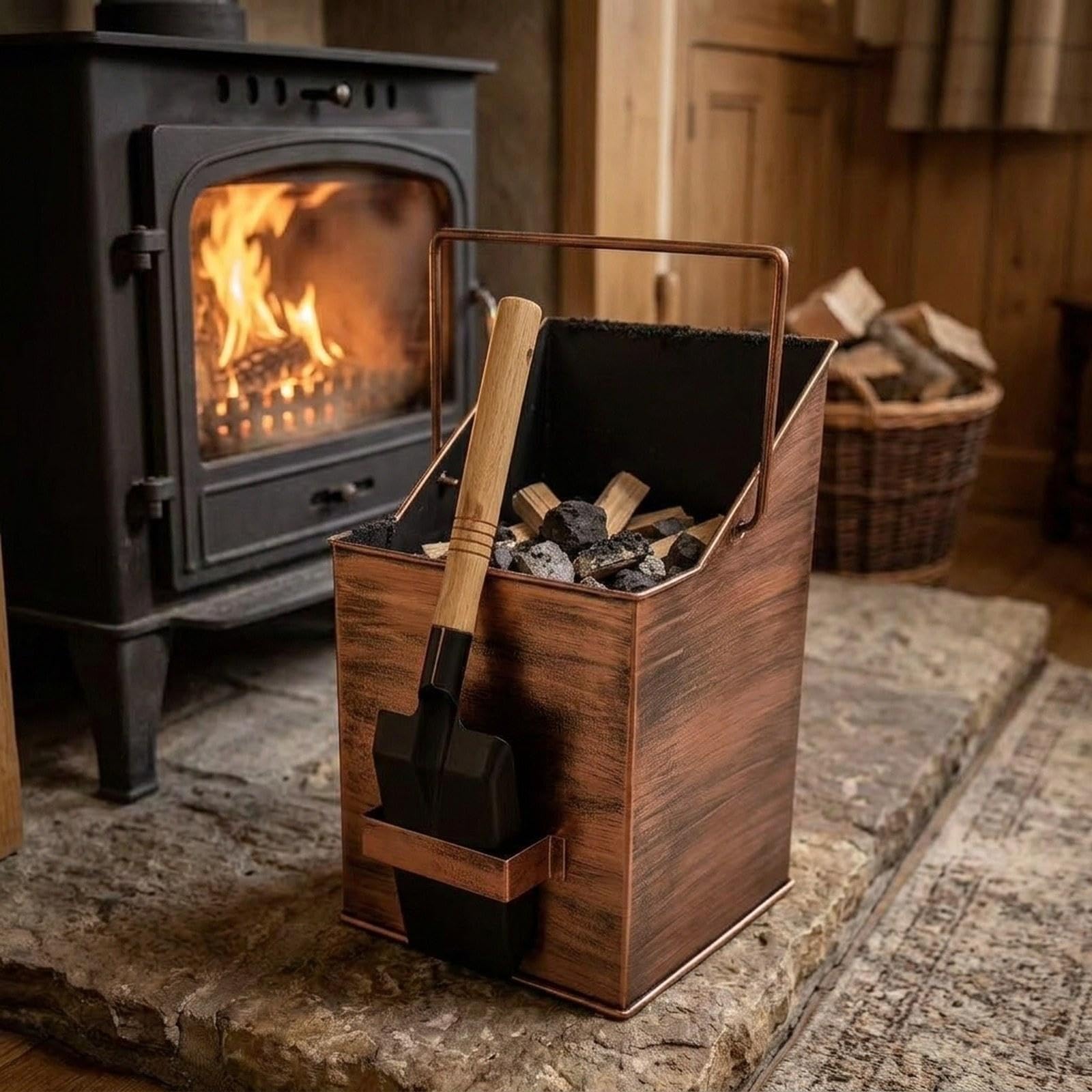 Secchio per Cenere con Manico, Accessorio in Metallo per, Ideale per Barbecue, Griglie, Stufe E Altri Usi in Giardino, Pala di Rame
