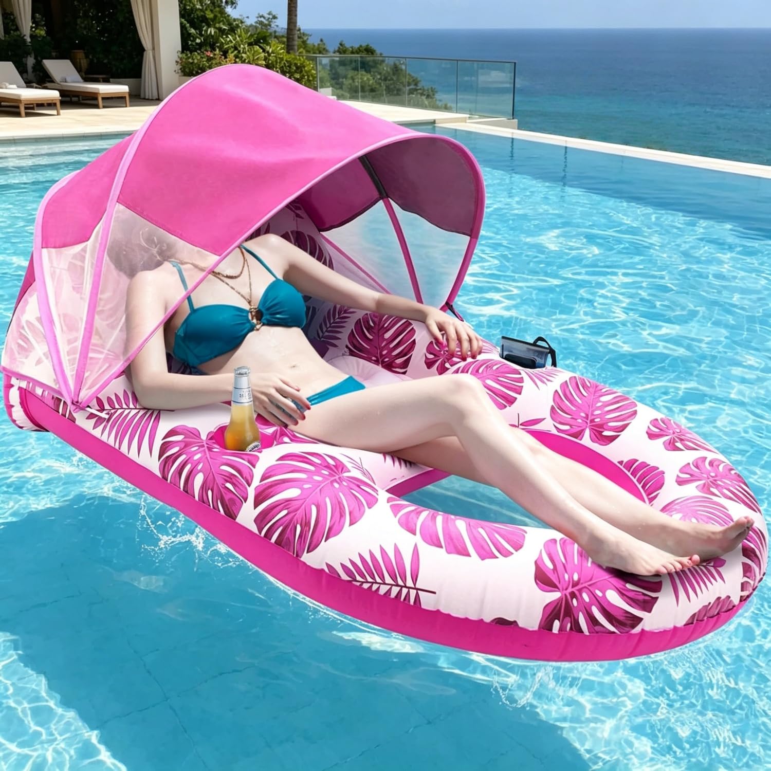 Pool Floats Lounger for Adults, Inflatable Recliner Pool Lounge Chair with Detachable Canopy, Cup Holder & Backrest, Heavy Duty Swimming Pool Beach Floating Raft (Pink)