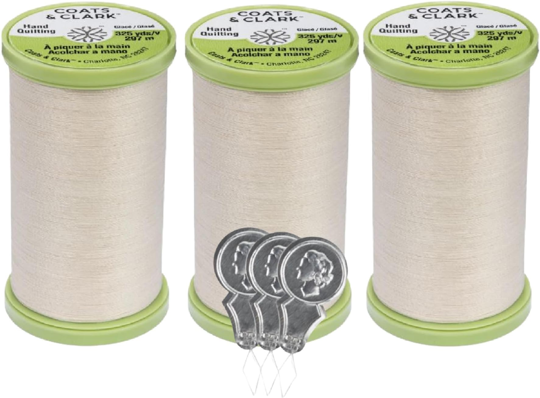 Coats & Clark Hand Quilting Sewing Thread Cotton Covered Polyester 325 Yards S960 3 Pack Bundle with 3 Bella's Crafts Needle Threaders (Natural)