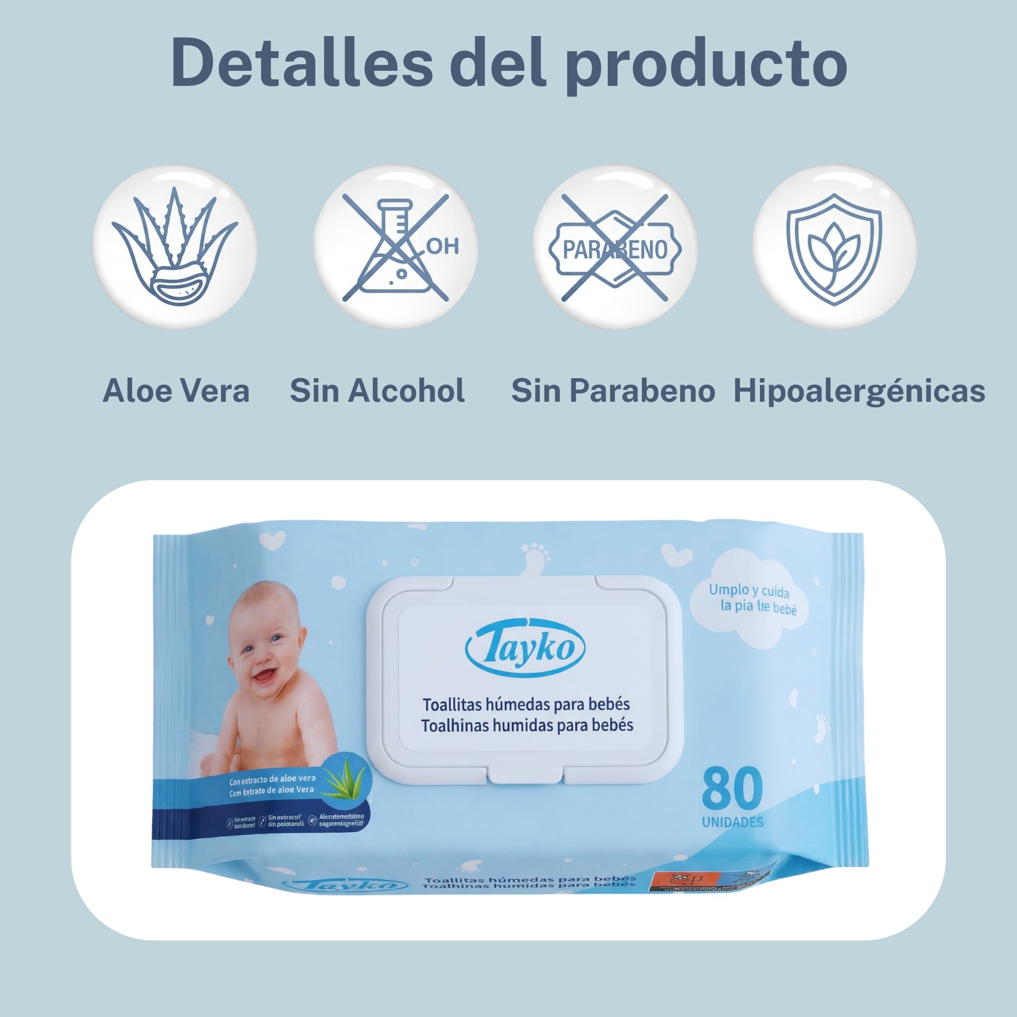 Tayko Toallitas ultrasuaves, 480 Toallitas para Bebé con Aloe Vera e Hipoalergénicas, Sin Alcohol y con Tapa Rígida, Toallitas Húmedas para Piel Sensible (6 paquetes de 80 unidades)