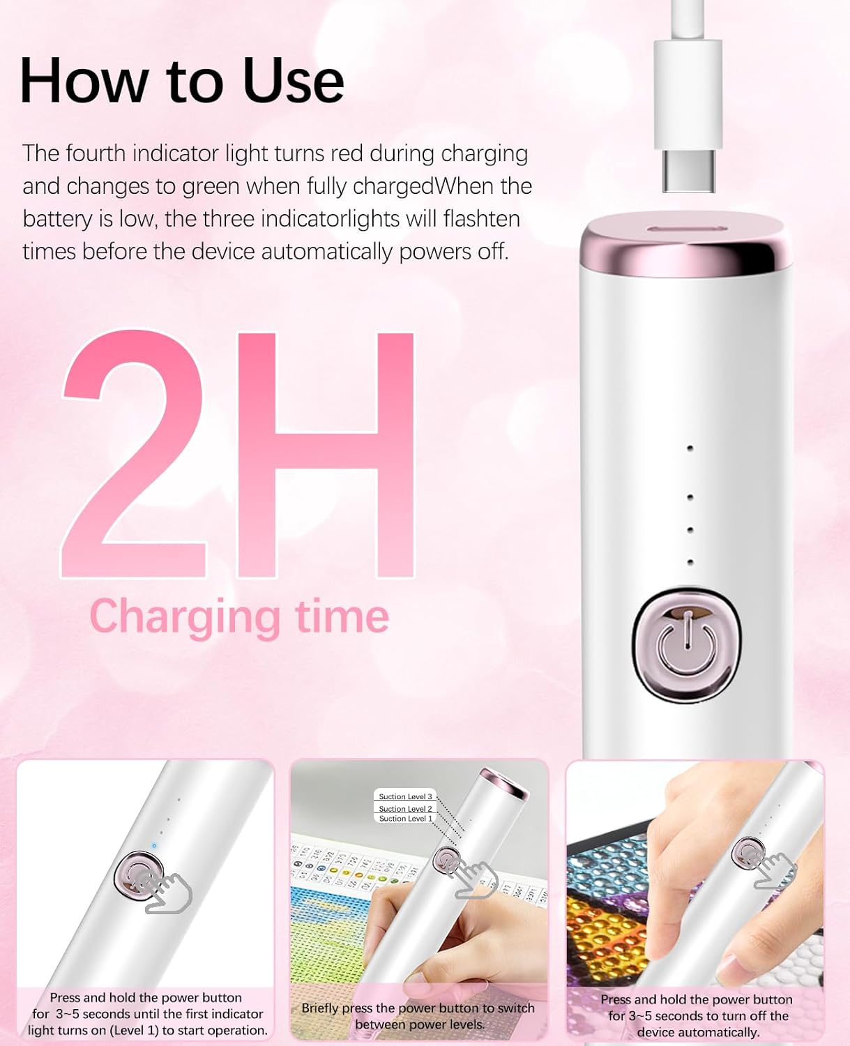 QIDUHUQI Electric Diamond Painting Pen, Diamond Art Vacuum Pen with Round and Square Nozzles, 3 Powerful Suction Modes, Cordless Diamond Art Accessories for Home Crafting and Gifts (Ivory White)