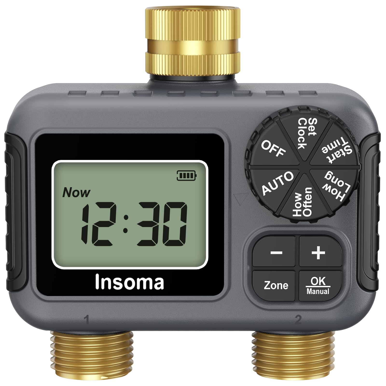 Insoma Sprinkler-Timer mit 2 Ausgängen und Messing-Einlass & Auslass, Wasser-Timer für Gartenschlauch mit automatischen/manuellen Modi + Regenverzögerung, Schlauch-Timer für Garten, Hofrasen, IPX5