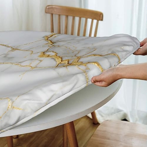 Miniatura 5 de Mantel redondo de mármol blanco dorado con borde elástico, mantel decorativo para el hogar, cocina, comedor, fiesta, S (se adapta a 40-45 pulgadas)