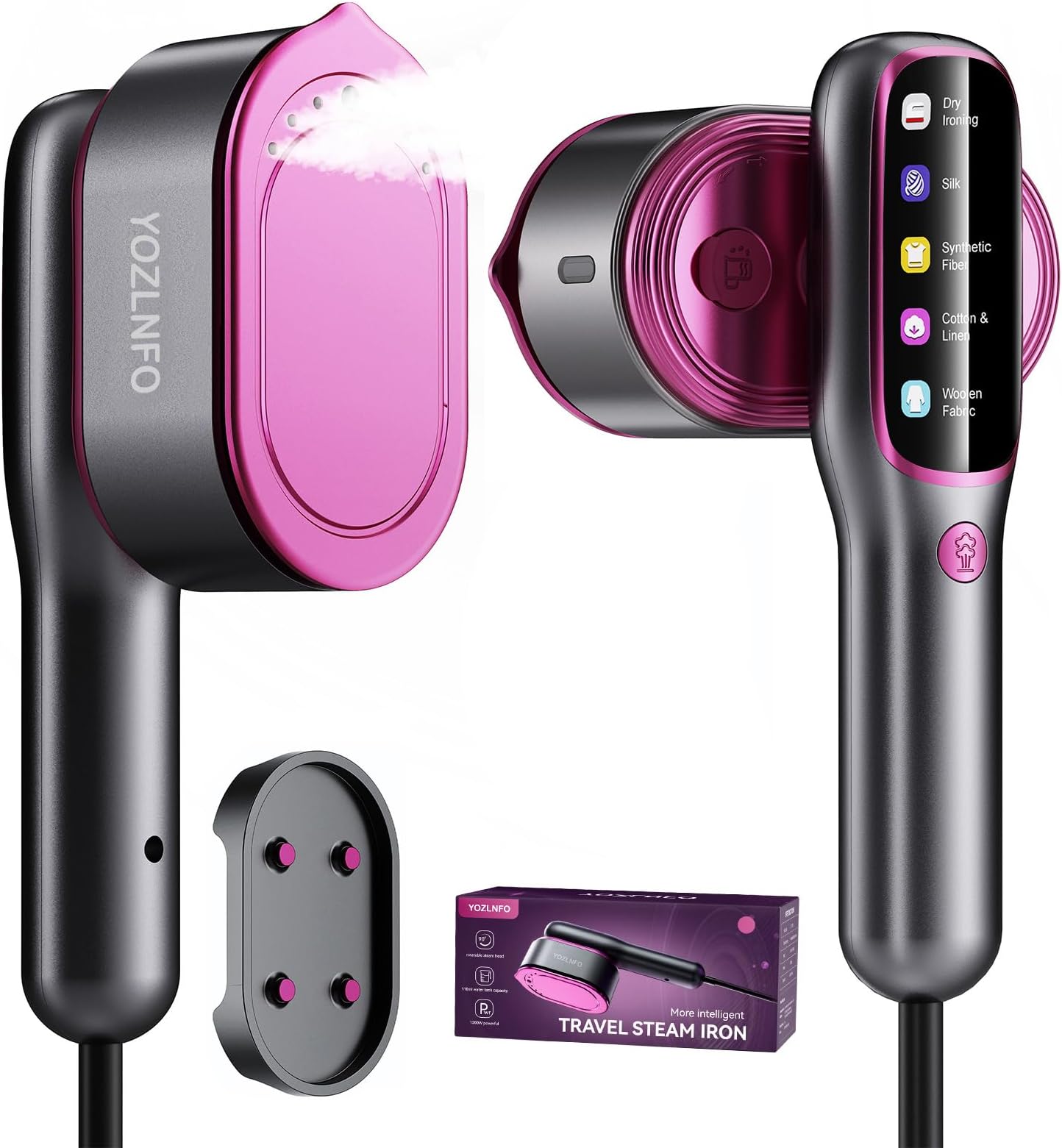 Travel Steamer for Clothes Portable: 2-in-1 Mini Handheld Garment Steamer Iron - 15s Heat Up & 5 Adjustable Steam - Large Ceramic Panel - 110-120V Black&Pink