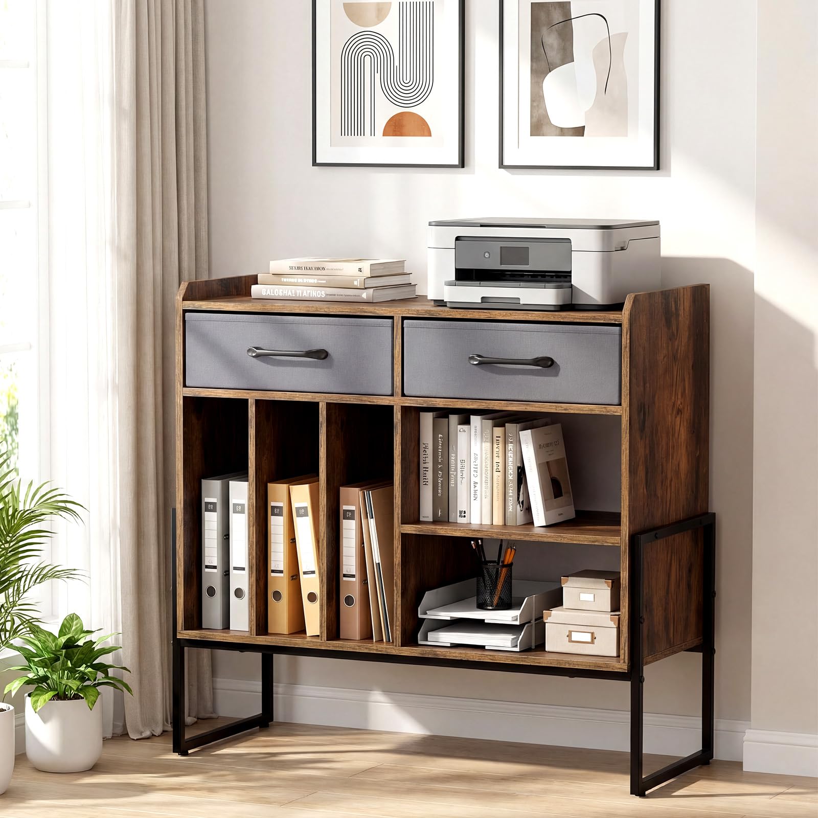 COSTWAY Supporto per Giradischi in Vinile, Mobile per Giradischi con Stazione di Ricarica, 2 Cassetti Rimovibili in Tessuto e Ripiano Regolabile, Supporto Porta Dischi Vinile per Soggiorno, Studio