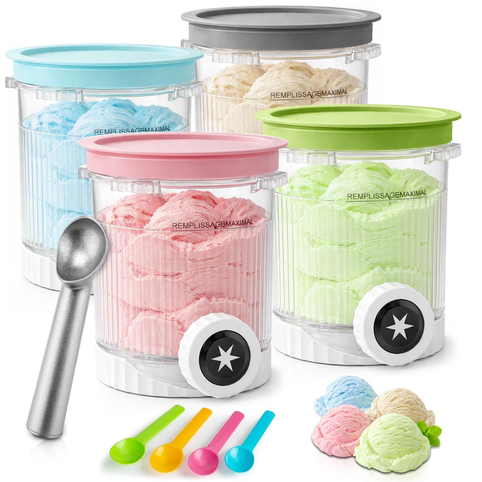 4 Stück Behälter für Ninja Swirl by CREAMi Softeis- & Eismaschine, Swirl Pints und Deckel kompatibel mit Ninja NC700 NC701EU Serie, BPA-frei & Spülmaschinenfest, 1 Metallschaufel und 4 Löffel