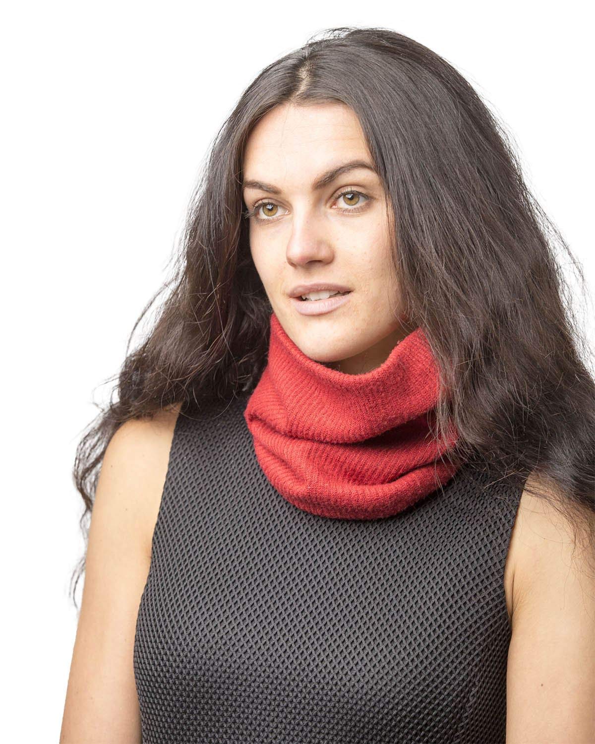 Basic Sense Plain infinity Knit Multifunctional Neck Warmer Snood with Soft Sherpa Fleece inside, Red