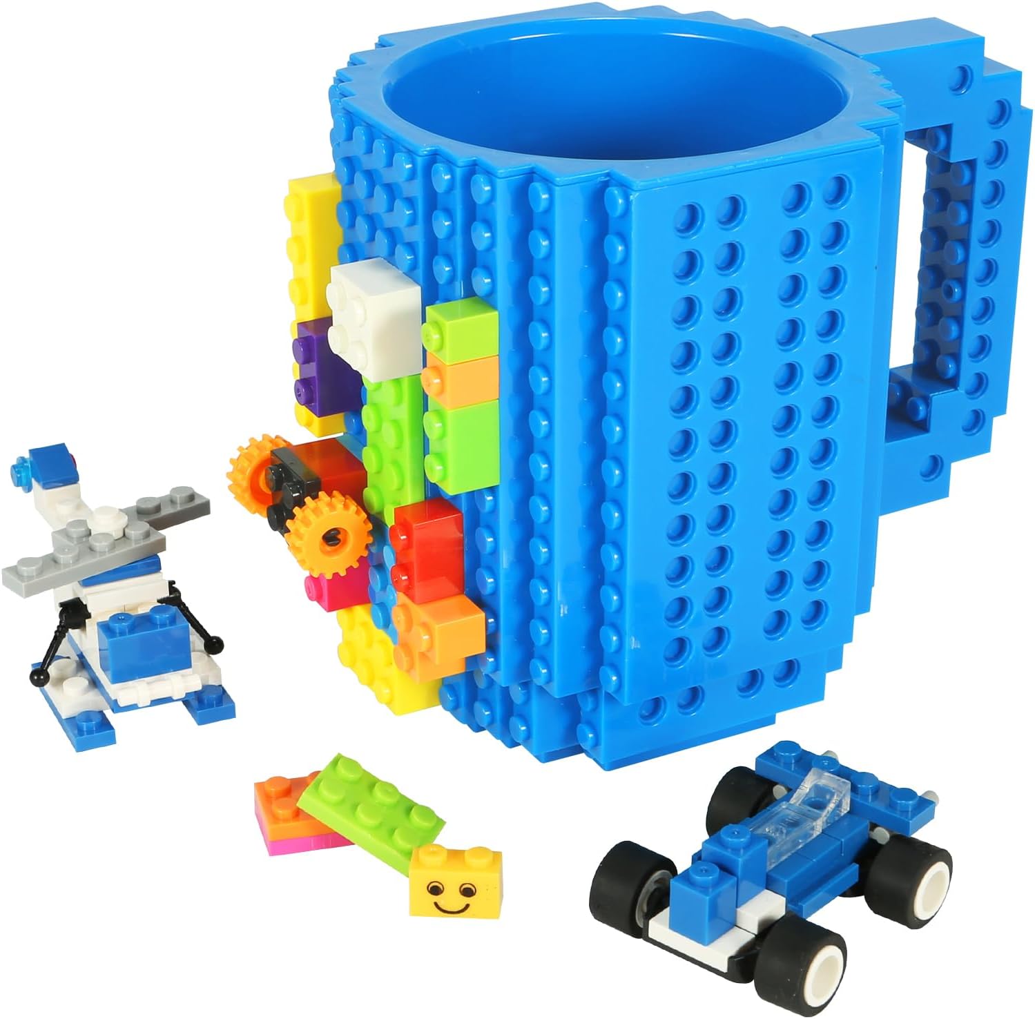 Lumsburry Build-on Brick Coffee Mug, Funny DIY Novelty Cup with Building Blocks Creative for Kids Men Women Xmas Birthday (Blue)
