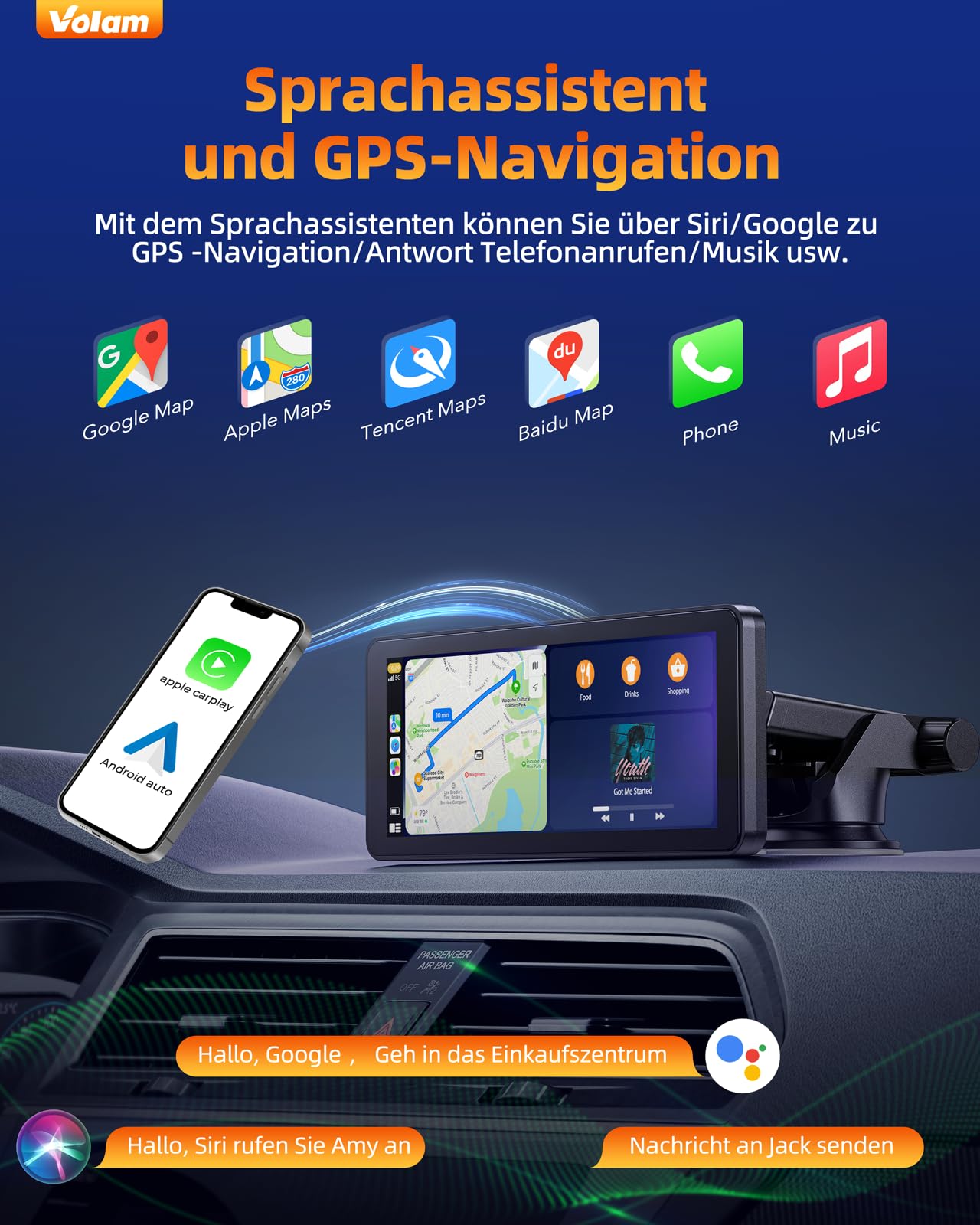 Volam Autoradio Wireless display Android auto di A-pple CarPlay,touchscreen IPS da 6,86'',fotocamera di backup 1080p,ricevitore digitale con Siri Goog-le Play/GPS Navigation/Bluetooth/MirrorLink Video