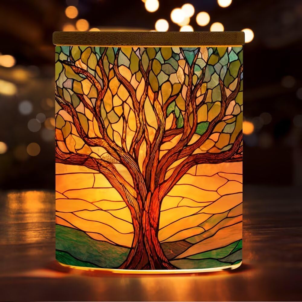 Stained Glass Tree of Life Candle Holder Tea Light, Glass Tealight Jar with Bamboo Lid, LED Candle Holder for Home Decor, Wedding, Birthday, Christmas Decoration Gifts for Mom, Bestie, Daughter