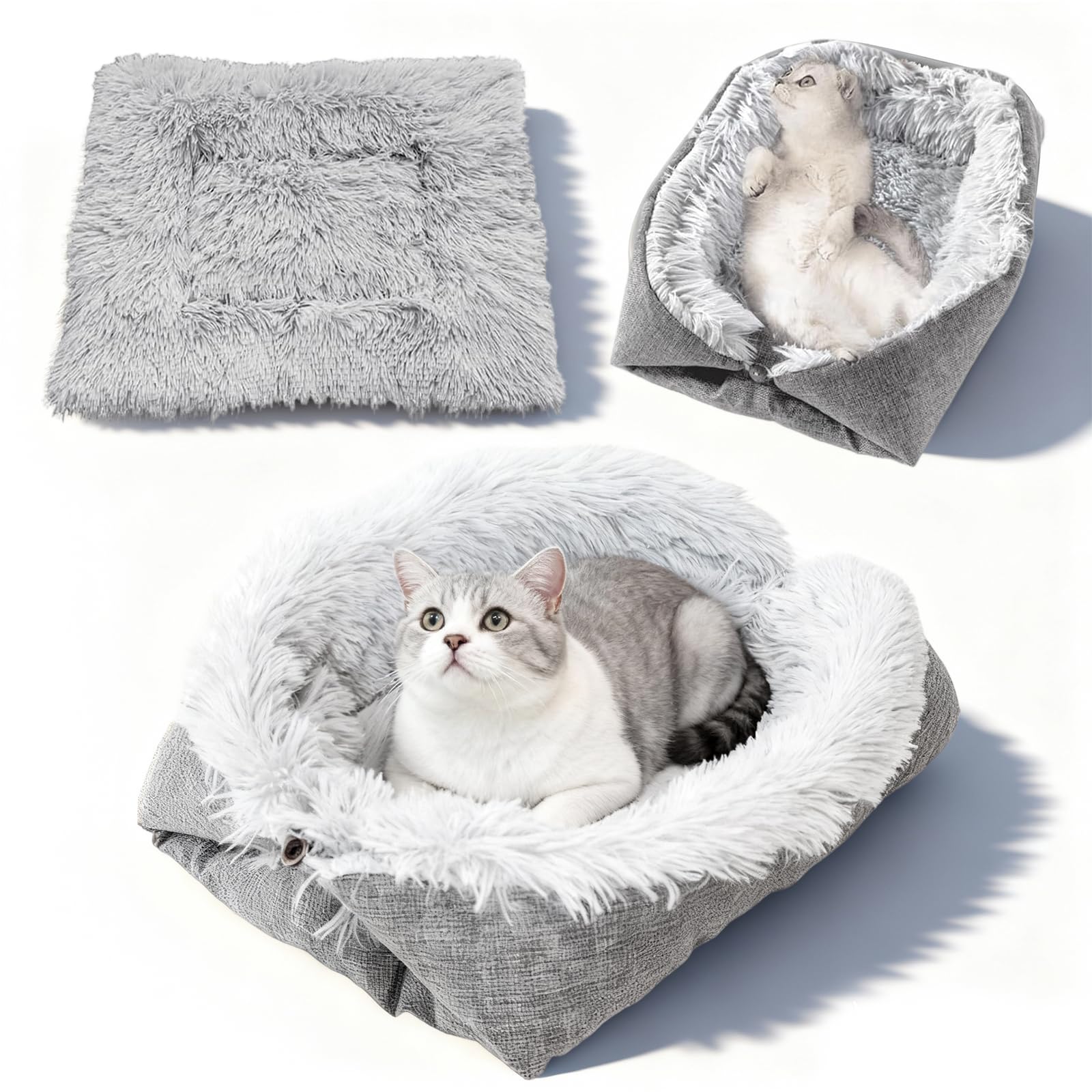 Katzenbett, Katzendecke Katzenkissen Katzenkörbchen 52x60cm Haustierbett 2 in 1 Plüsch Katzensofa Waschbare Kissen für Katzen Schlafplatz Katzenbetten Grau für Kleine Hund
