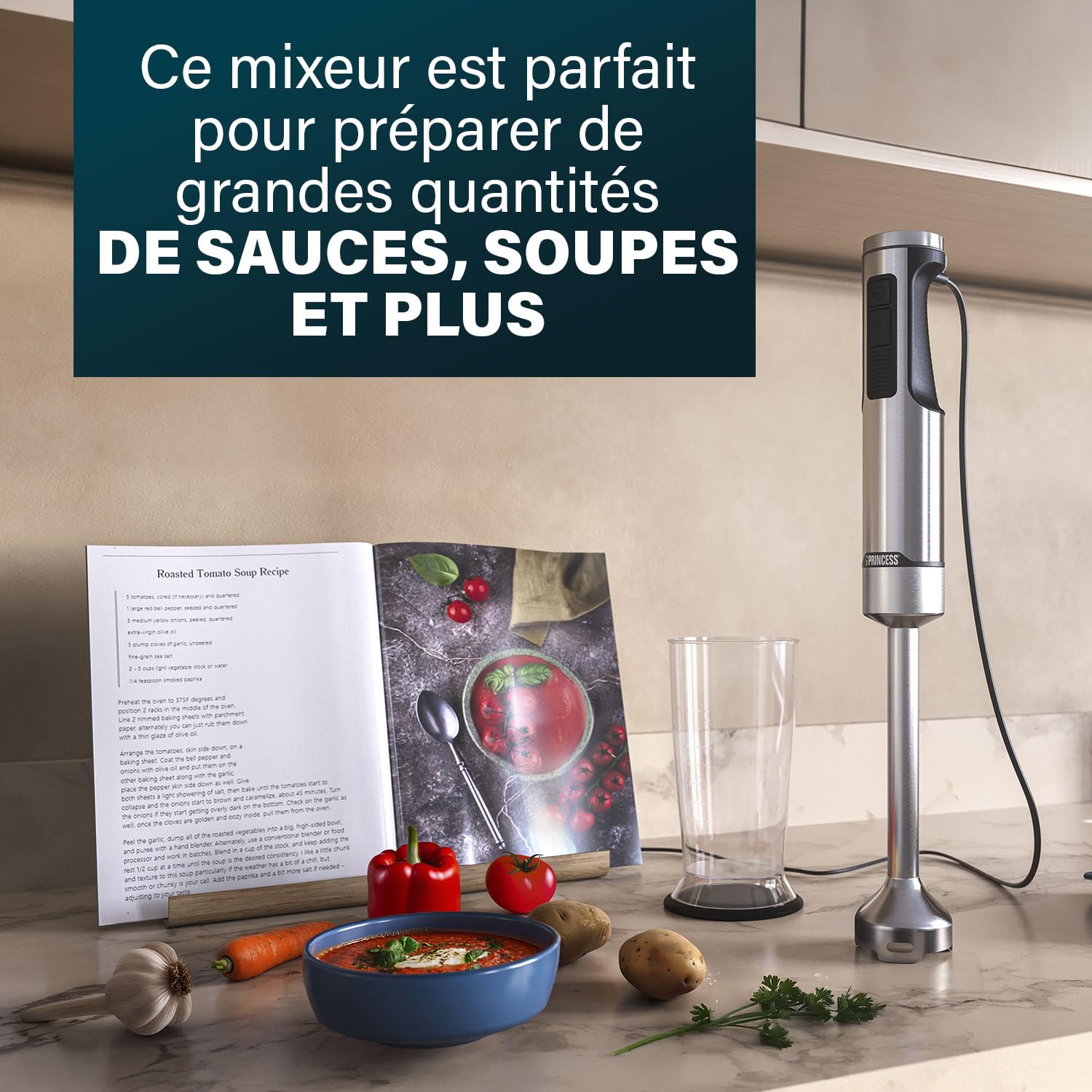 Princess Mixeur Plongeant Prof XXL, Inox, 1500W, Pied Extra-Long 50 cm, 5 Vitesses + Turbo, 4 Lames, Gobelet avec Couvercle Antidérapant, Pièces Lavables Lave-Vaisselle, 221233