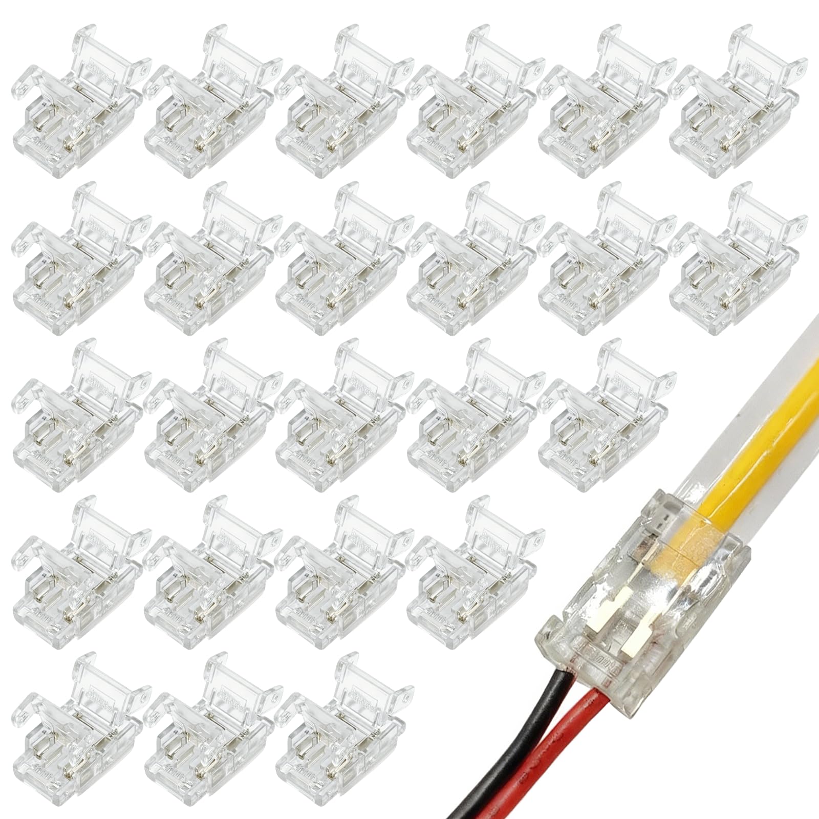 Fresilkora Transparent 25Pcs 2 Pin 8Mm Led Strip Light Connectors, Gapless Solderless Cob Led Connector, Snap Led Wire Connectors, Strip To Wire For Waterproof Cob/Smd Led Quick Connection Retardant Pc Material