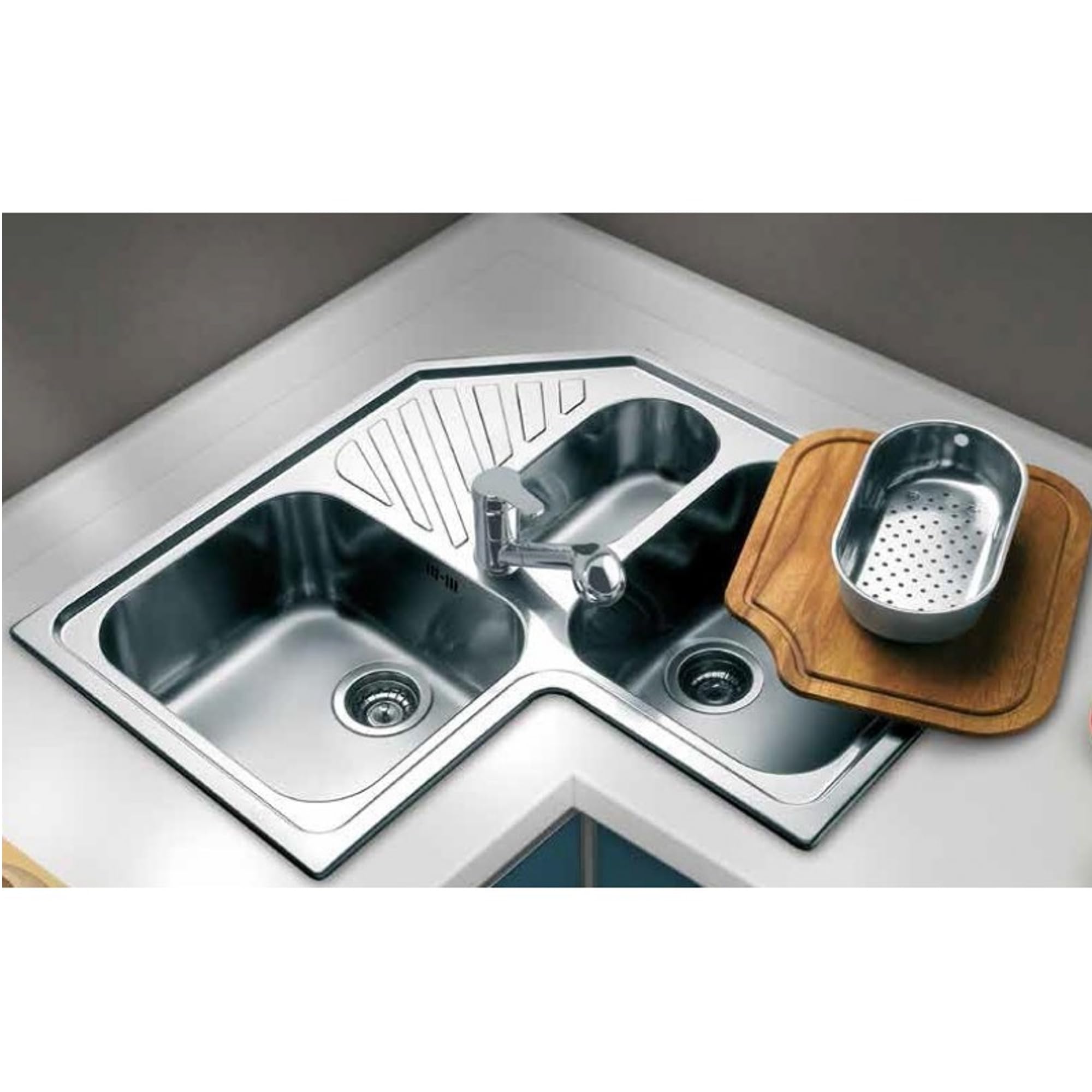 Lavello da Cucina ad Angolo, 83x83 cm, 3 Vasche in Acciaio Inox Spazzolato,