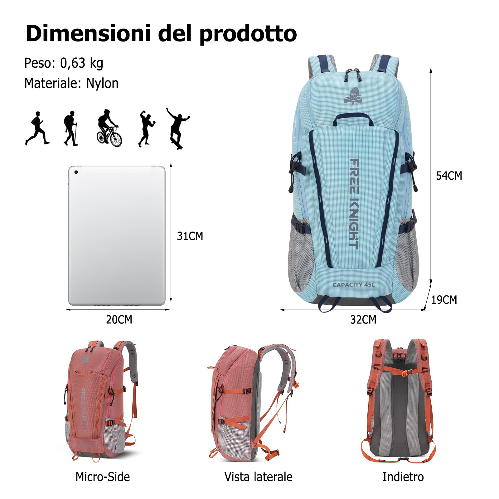 45L Zaino da Trekking Grande Outdoor Impermeabile Zaini Resistente con Copertura per la Pioggia Backpack per Escursionismo Campeggio Arrampicata Viaggio Blu