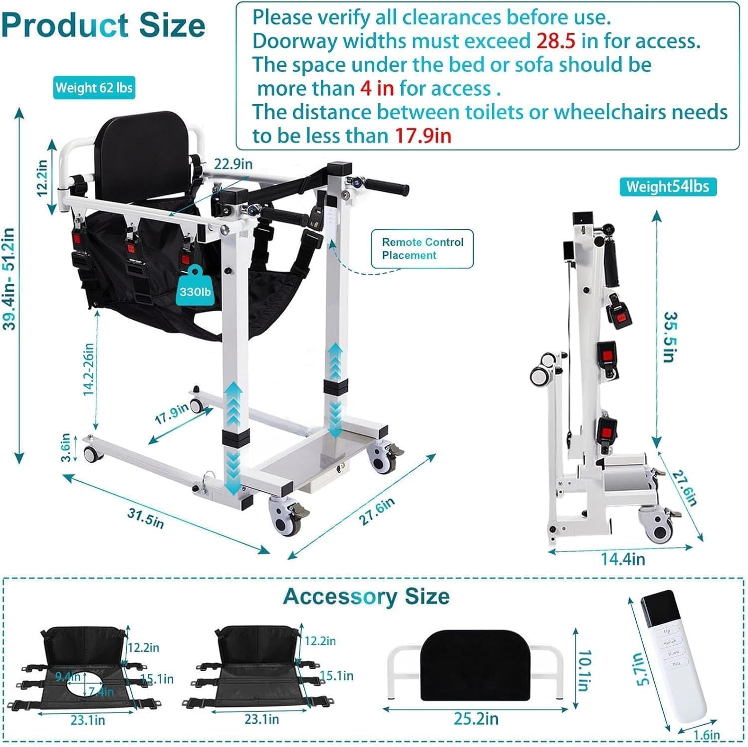 Electric Patient Lift Transfer Chair, Electric Transfer Lift for Car, Portable Folding Patient Lift for Home, Adjustable Height Bathroom Transfer Chairs for Seniors, Adults, Disabled