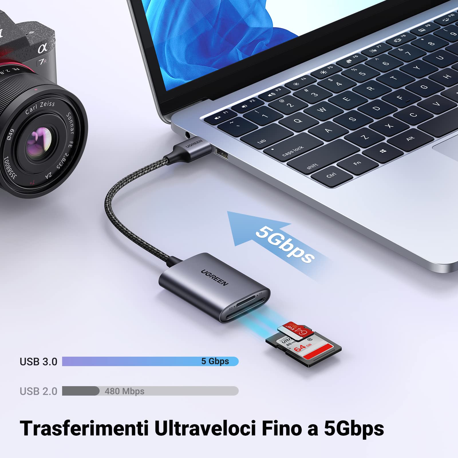 UGREEN USB 3.0 Lettore di Schede SD/TF, Adattatore SD Micro SD USB 3.0 in Allumino, 5 Gbps Card Reader USB 3.0 Compatibile con MacBook PRO 2023 M2, MacBook Air M2/M1, iMac 2021, ASUS, HP, Acer