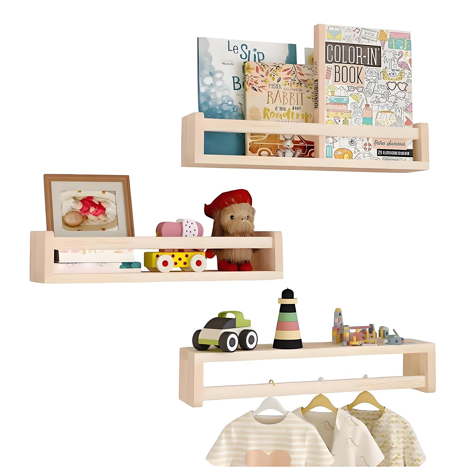 Estantería para niños, juego de 3 estanterías flotantes o estantería para libros para decoración de habitación infantil, ideal para libros y juguetes, estantería Montessori | Madera natural