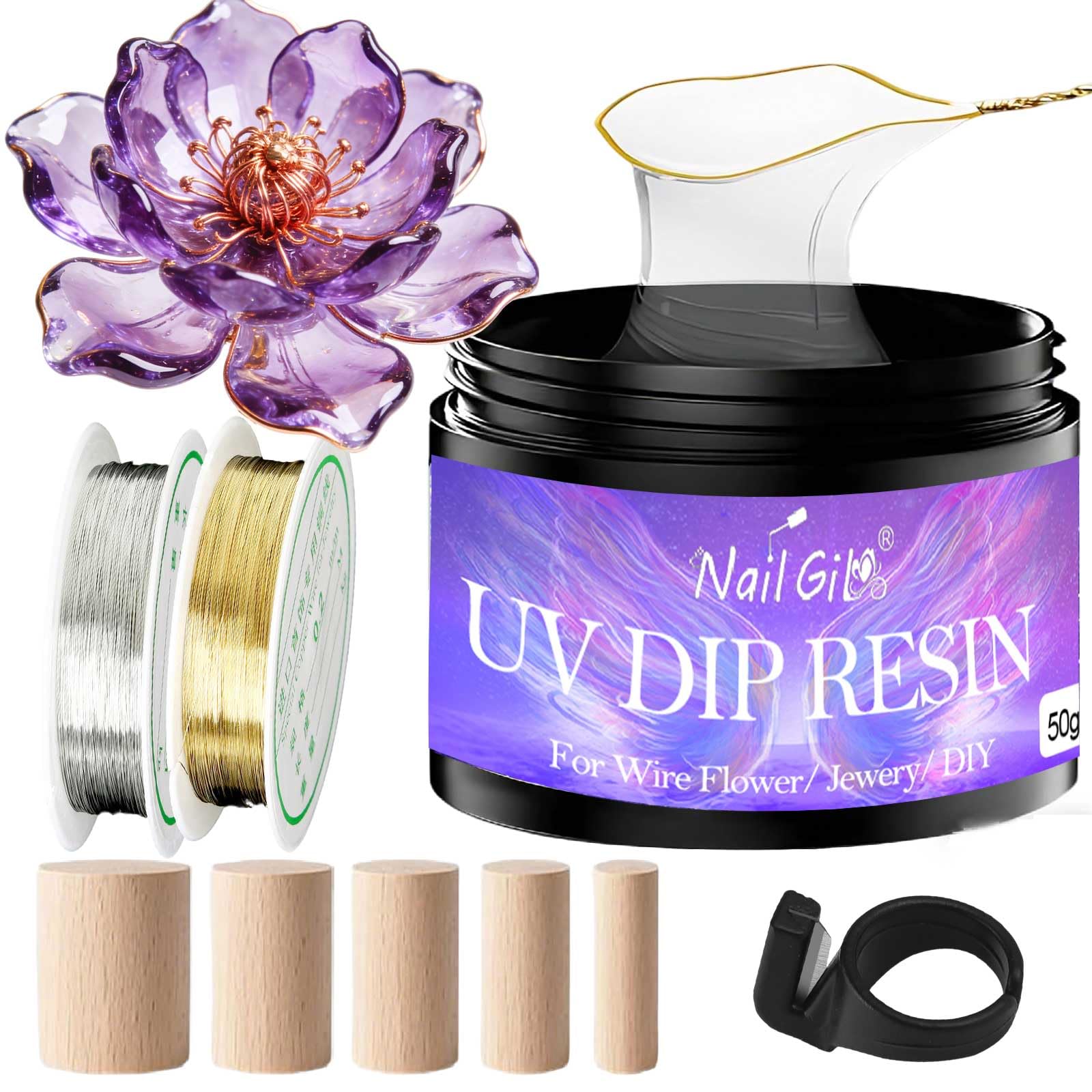 UV Resin Dip Kit for Wire Flowers, Crystal Clear UV Dip Resin with 5mm Silver Gold Copper Wire 6m for Craft Jewelry Making, Ideal Beginner DIY Gift for Handmade Wire Art, Bridal Accessories Home Decor