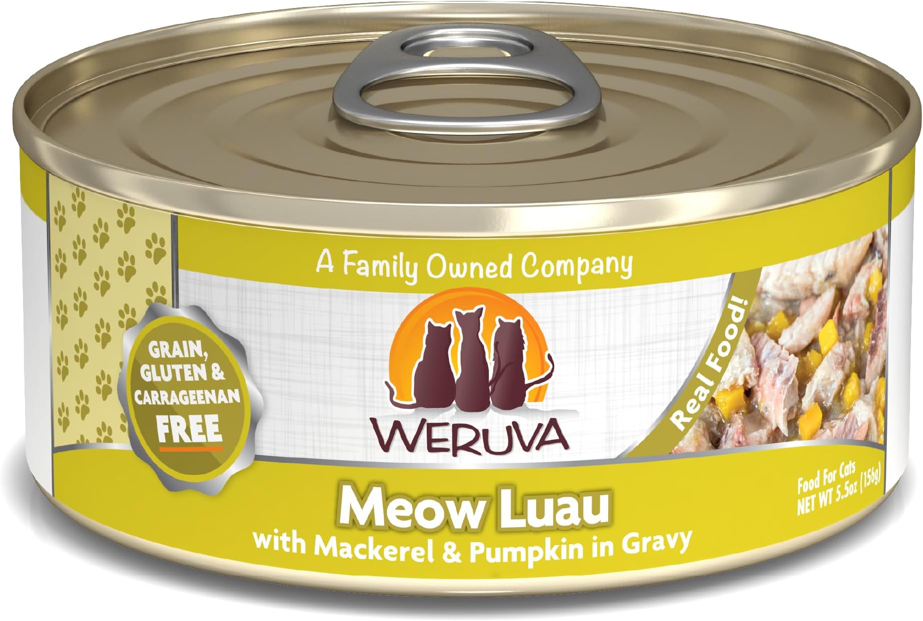 - Weruva Classic Cat Food, Meow Luau with Mackerel & Pumpkin in Gravy, 5.5oz Can (Pack of 24)