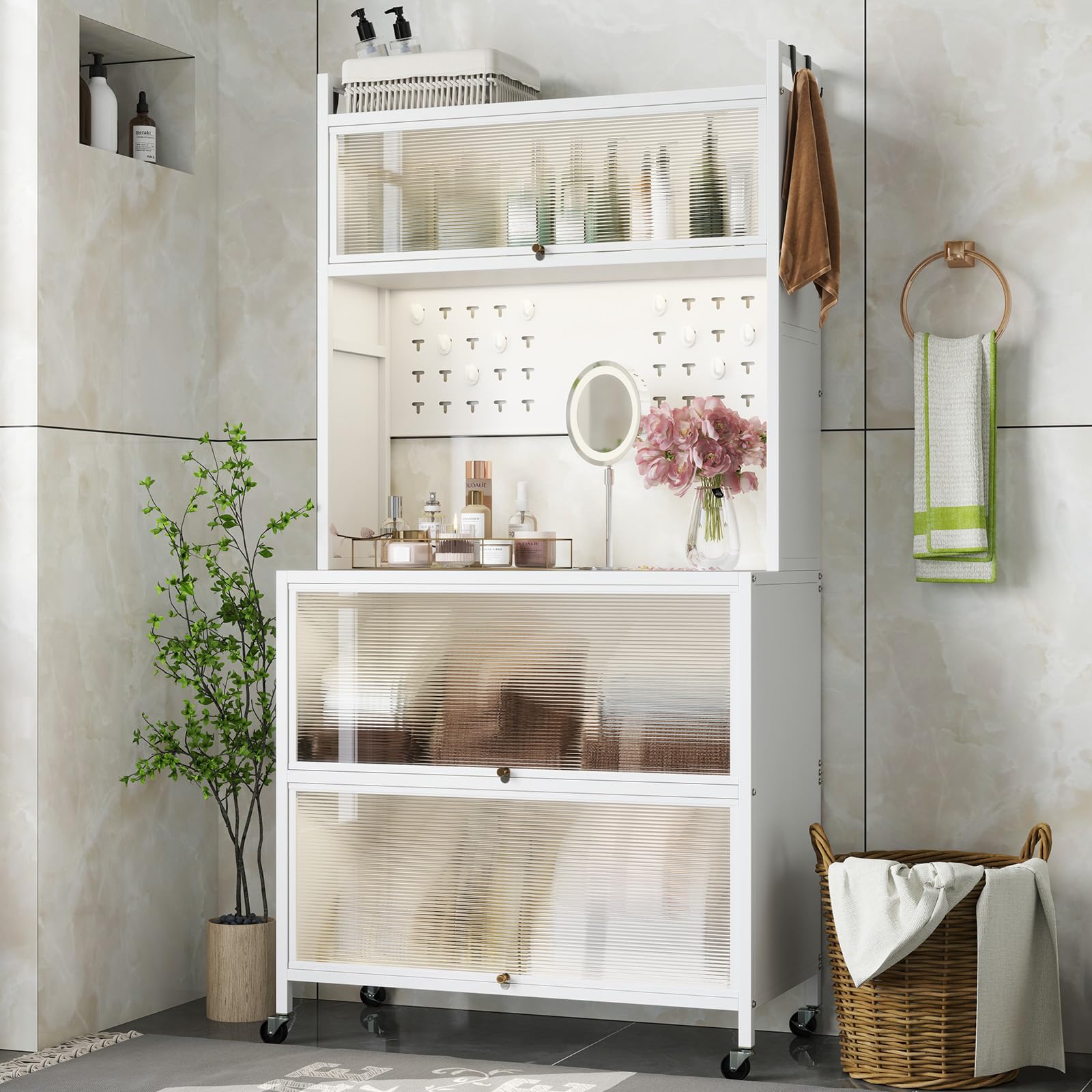 COSTWAY Küchenschrank hoch, Küchenregal mit Rollen, Buffetschrank mit Klapptüren, Stecktafel, Haken & Kippschutz, Standregal Hochschrank, für Küche Esszimmer Wohnzimmer, 80 x 40 x 160 cm (Weiß)