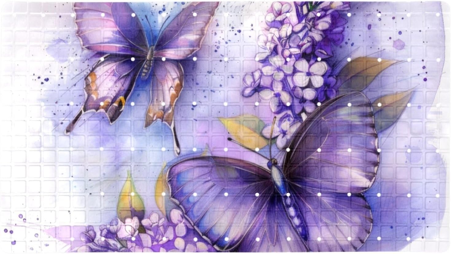 Bath Tub Mat Non Slip 15.1 x 26.8 Inch, Eco Friendly Bathmat with Suction Cups Drain Holes Shower Tub Mats (Watercolor Purple Lilac Butterflies)