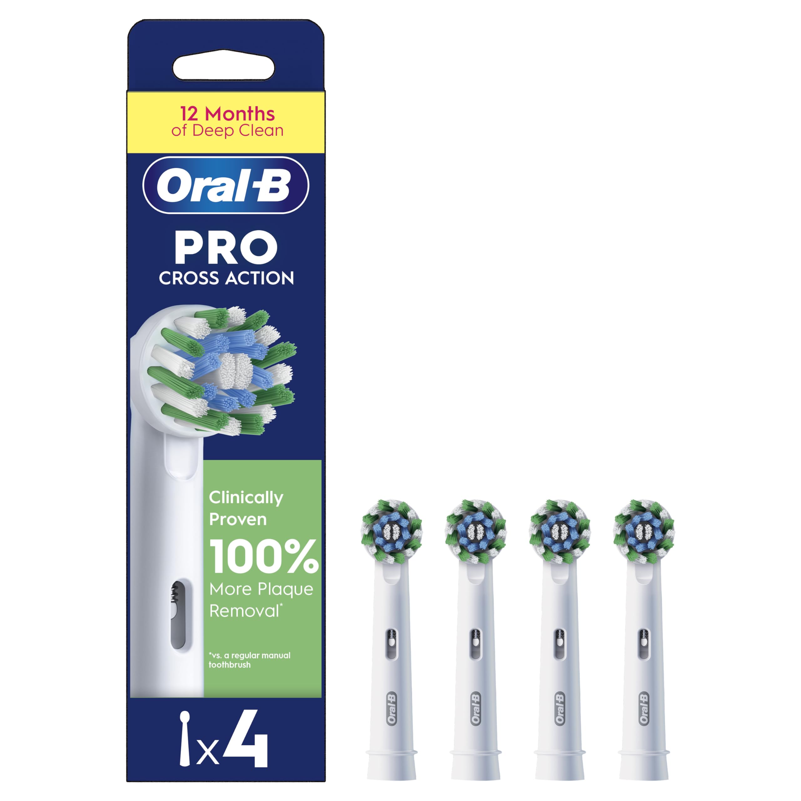 Oral-B Pro Cross Action Electric Toothbrush Head, X-Shape and Angled Bristles for Deeper Plaque Removal, Pack of 4