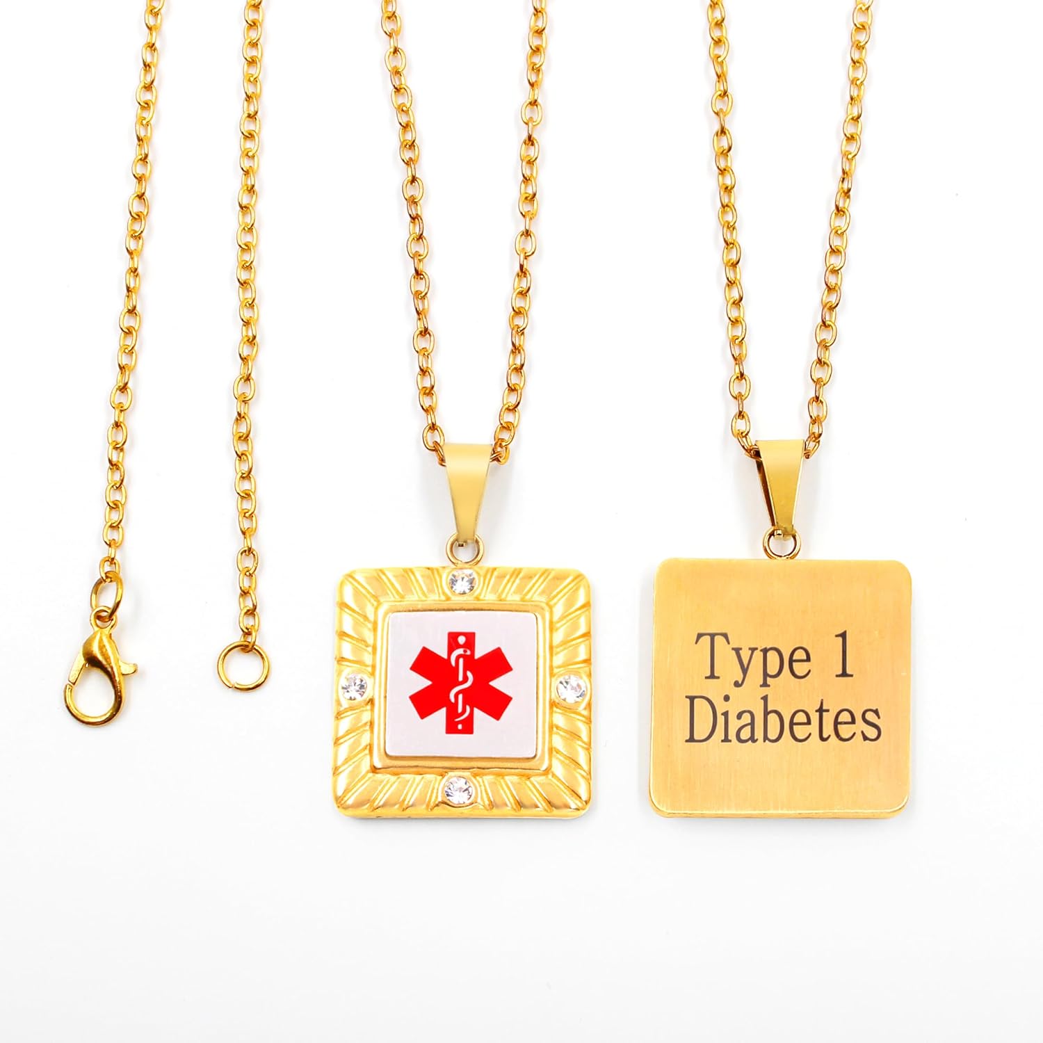 Square Medical ID Necklace with Red Symbol and 4 CZ Stones, Gold Plated Stainless Steel Waterproof Hypoallergenic Gift for Men Women Daily Wear YA5219