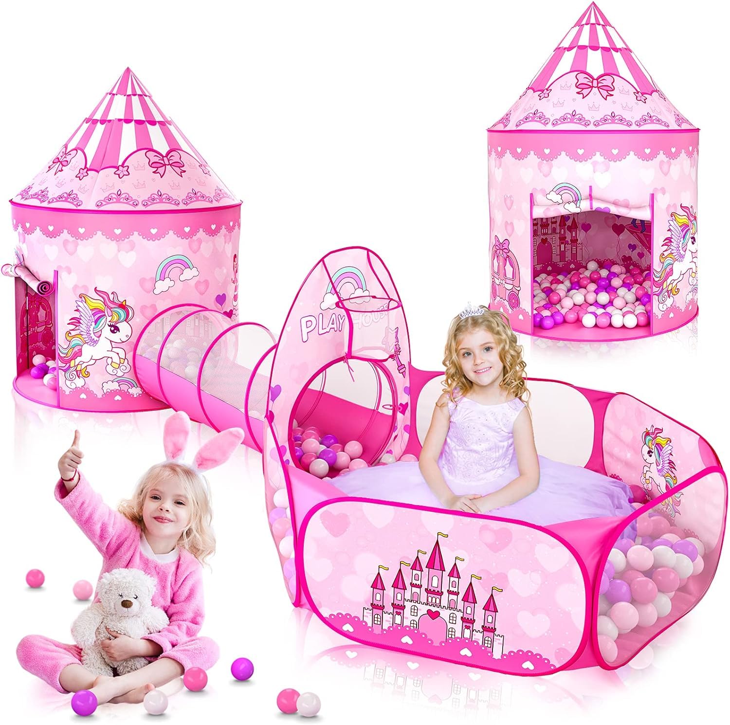 Princess Tent for Girls, 3 in 1 Kids Play Tent for Girls, Toddlers Playhouse with Baby Crawl Tunnel, Ball Pit and Castle Tent, Children Play Tent Large Play House Indoor Outdoor