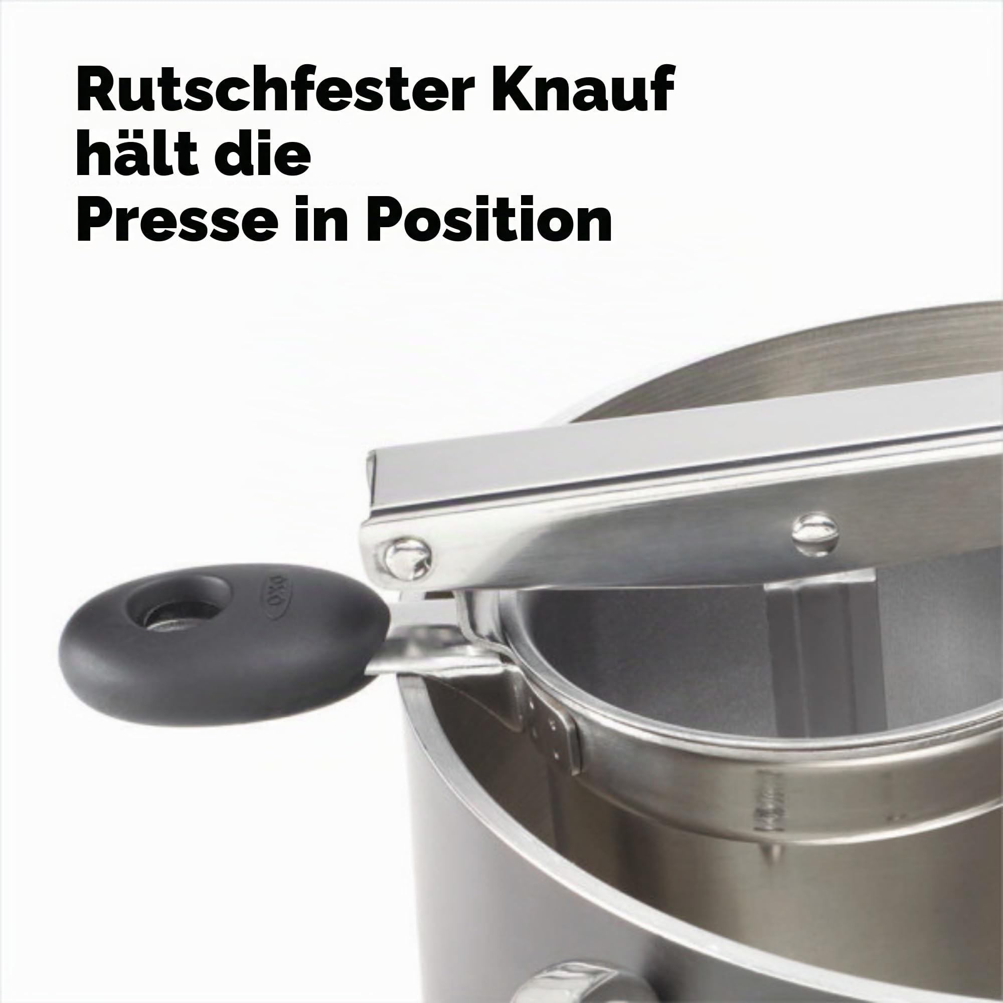 OXO Good Grips Kartoffelpresse | Edelstahl-Presse für glatte, fluffige Kartoffelpüree, Weiche, rutschfeste Griffe, Stabiles Design, Spülmaschinenfest
