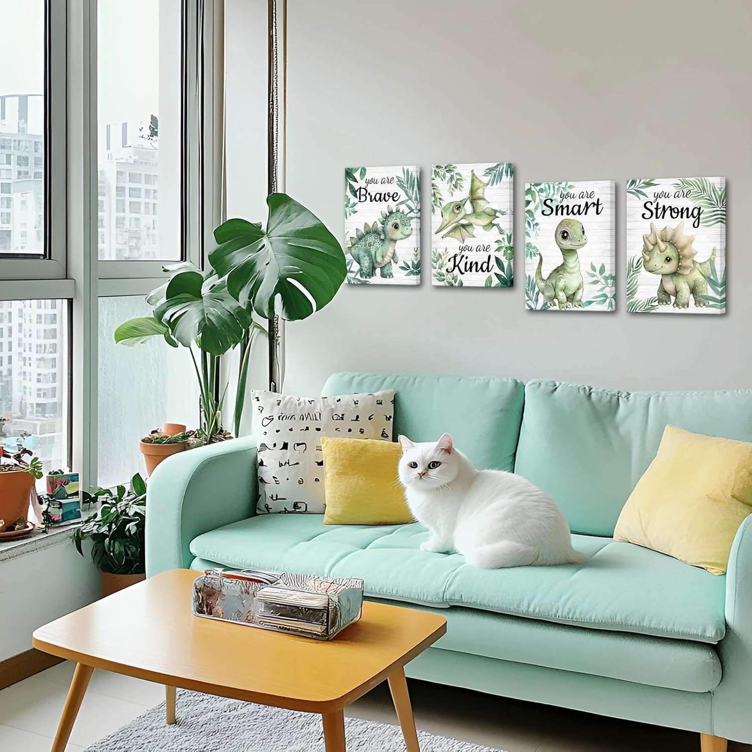 Artmyharbor Woodland Nursery Decor Sage Green Wall Art for Bedroom 4 Piece Wall Art Dinosaur Print - Image 3