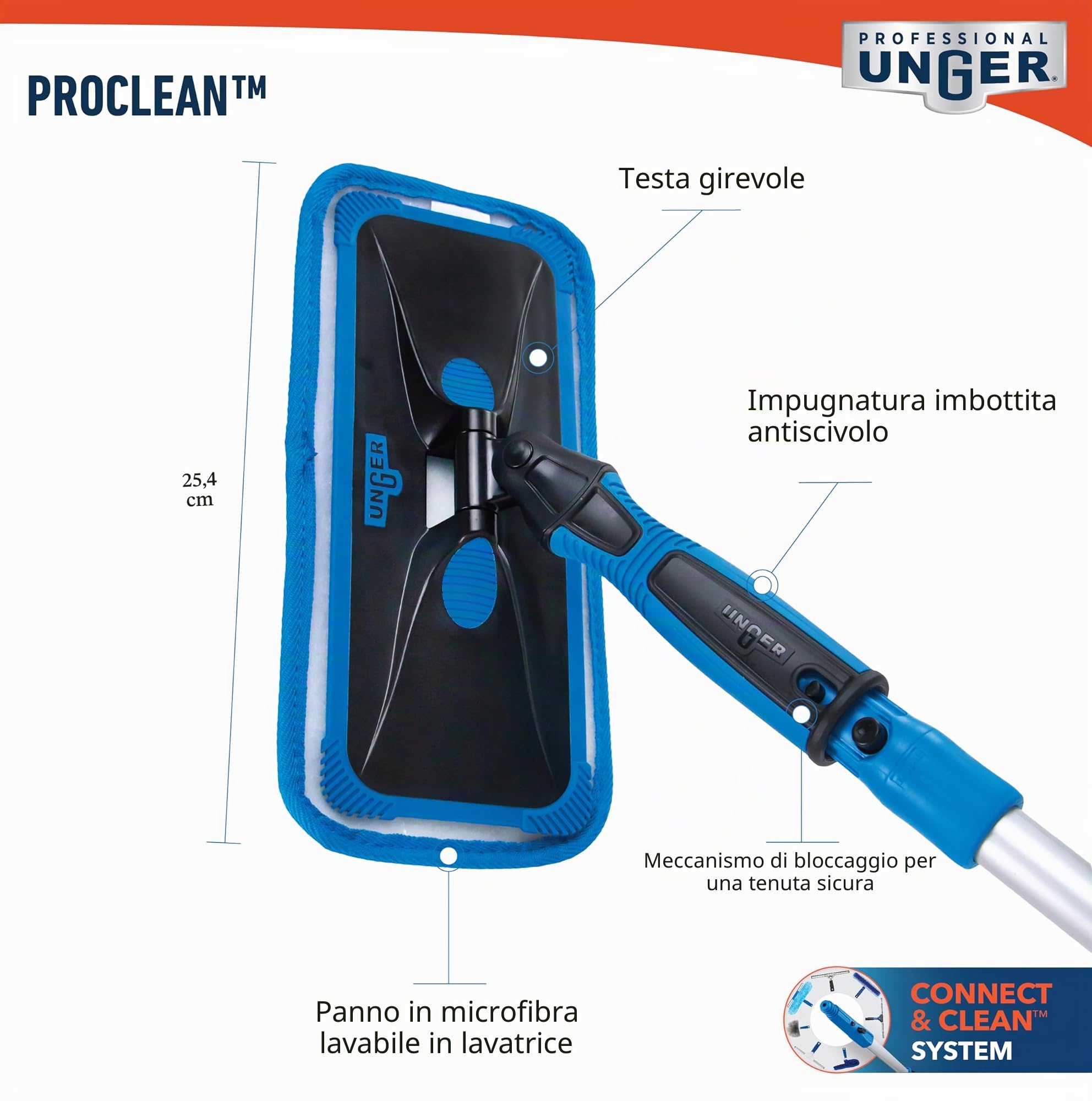 Unger ProClean - Pulitore per finestre per interni, strumento per la pulizia di finestre, vetri e specchi, risultati senza aloni, cuscinetti in microfibra riutilizzabili per la sostenibilità