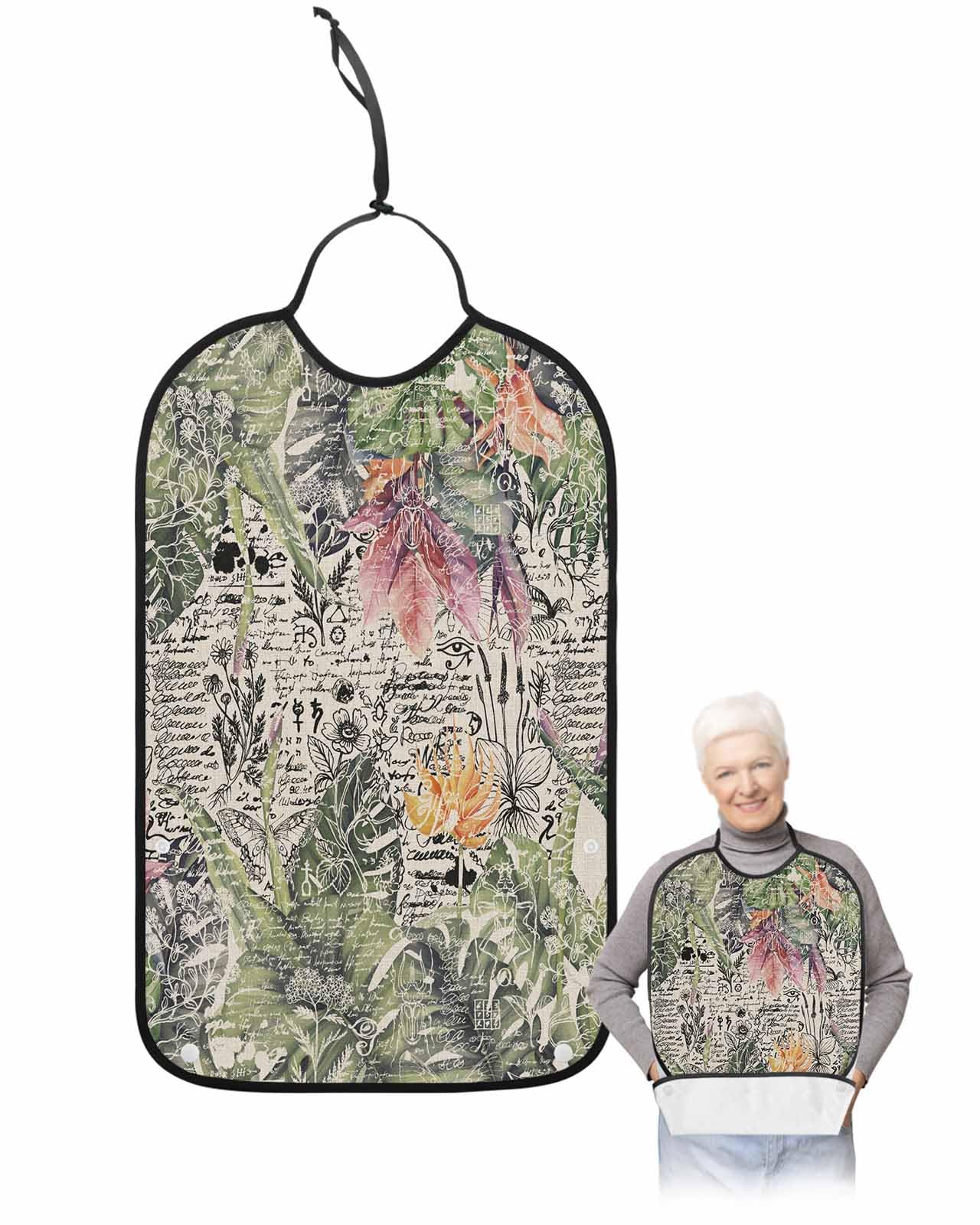 LEOKOTI Summer Botanical Adult Bibs for Eating, Waterproof Bibs with Food Catcher & Adjustable Snap Closure, Flowers Tropical Rustic Washable Clothing Protectors Adult Bibs for Elderly