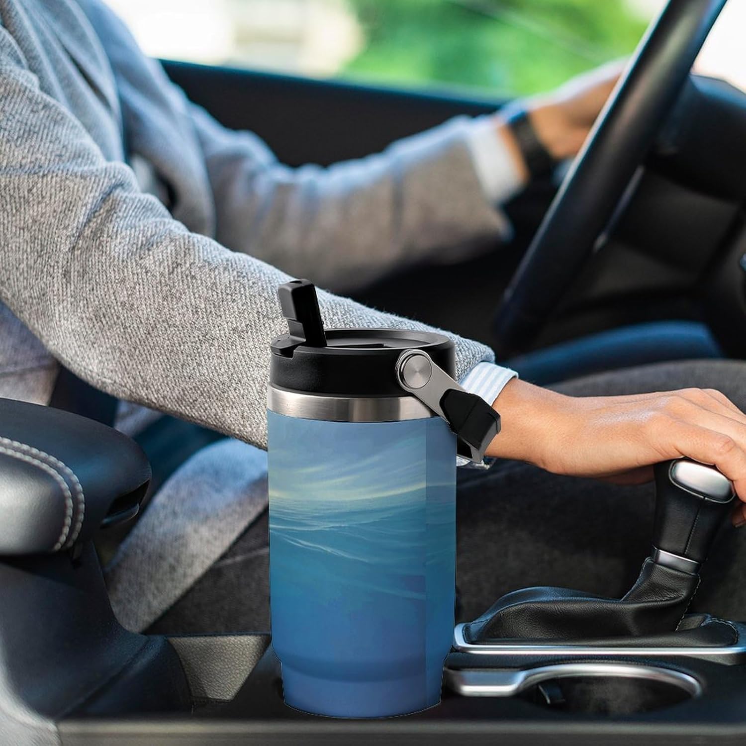 Dolphin in The Ocean Water Bottle 30 Oz Fits Car Cup Holder,Insulated Coffee Mug Large Capacity Car Cups,Stainless Steel Double Wall Sport Bottle for Travel Sports Gym