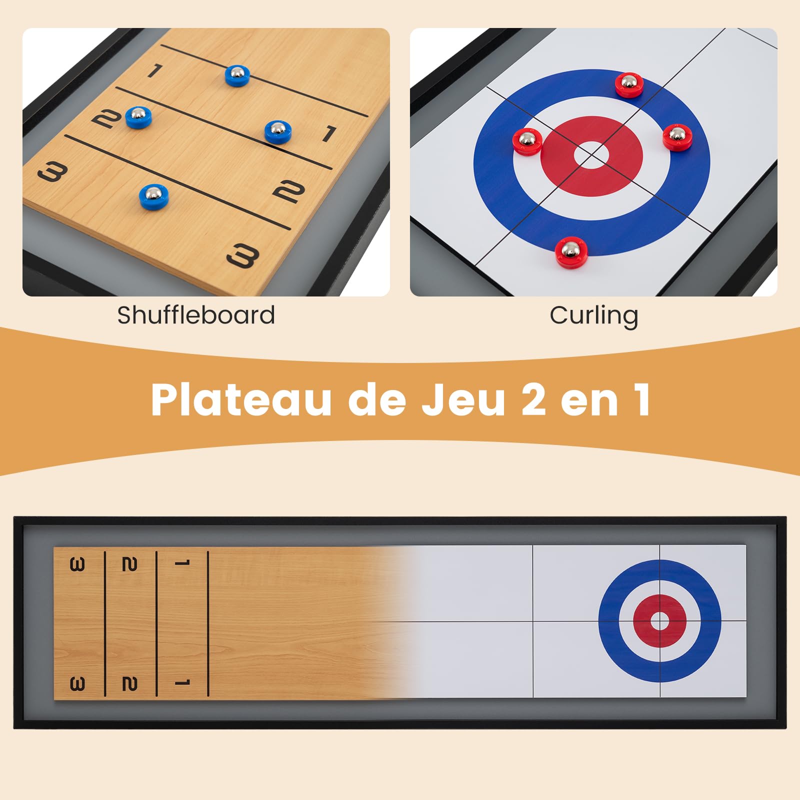 GOPLUS Shuffleboard et Curling, Table Air Hockey Portable 2 en 1 avec 8 Disques, Rainures Antidérapantes, Table Multijeux pour Adultes, Enfants, Fête de Famille