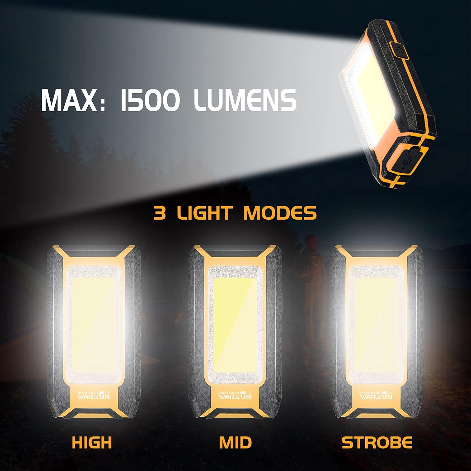 Image showing three WARSUN work lights demonstrating different light modes: High, Mid, and Strobe, with a maximum output of 1500 lumens.